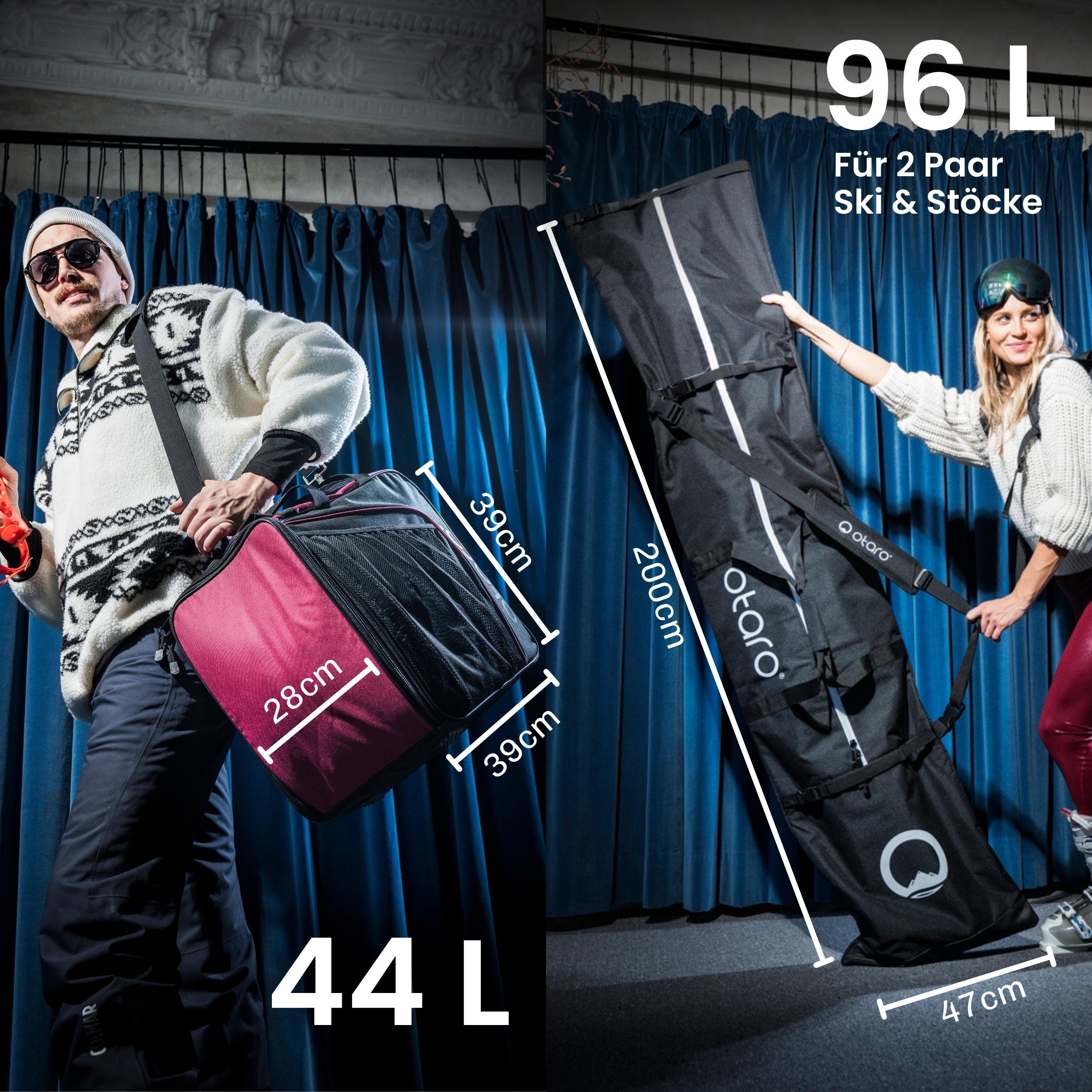 deine Ski für Ski Ausrüstung, für ausklappbare Otaro & 2 2 für Skitasche, Bordeauxrot Schwarz + durchdacht, Skischuhtasche Perfekt Stöcke) Paar (Schutz Sporttasche Standfläche, Set: Classic-Set Paar
