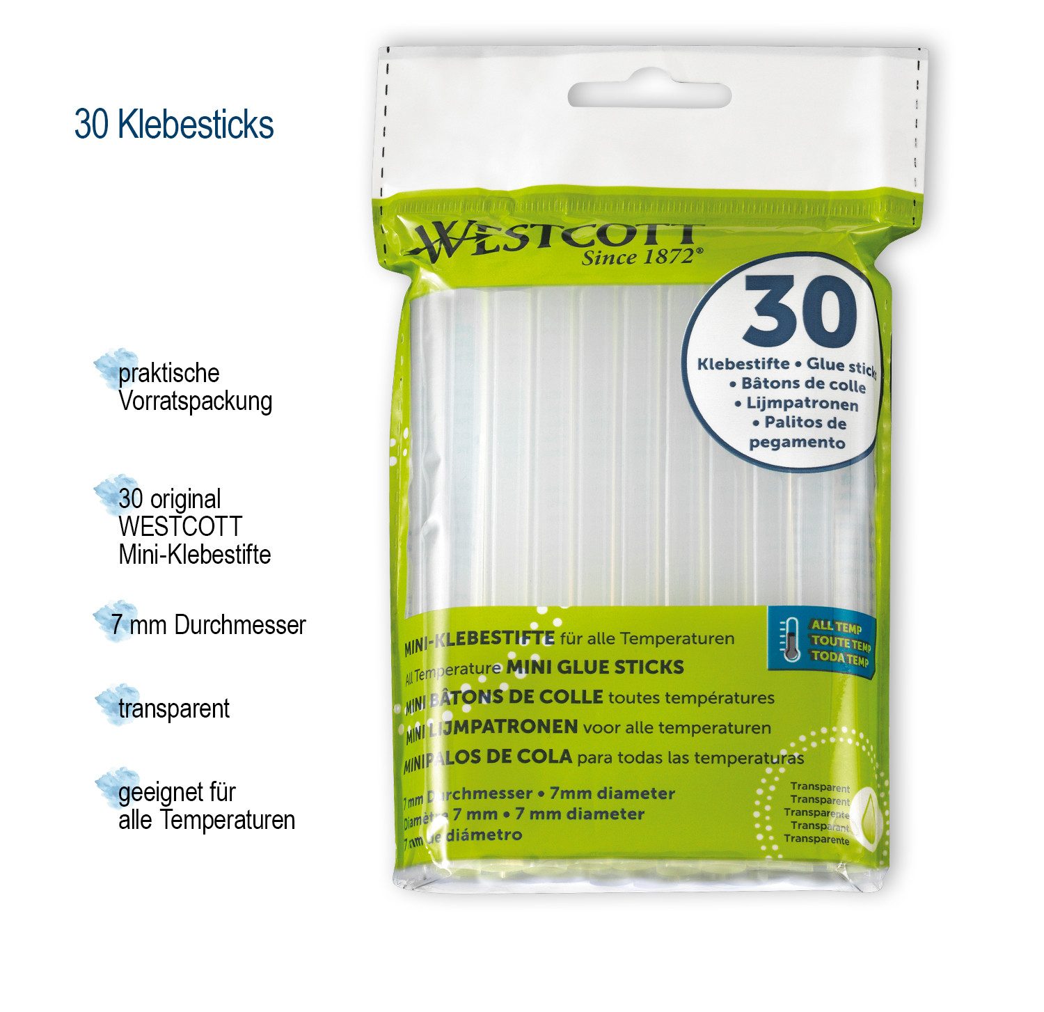 WESTCOTT Heißklebestift Heißklebesticks 7mm 60 Stück, Transp. Klebestifte für Heißklebepistole, (Vorteilspack, 60 St), Standardgröße 7 x 102mm