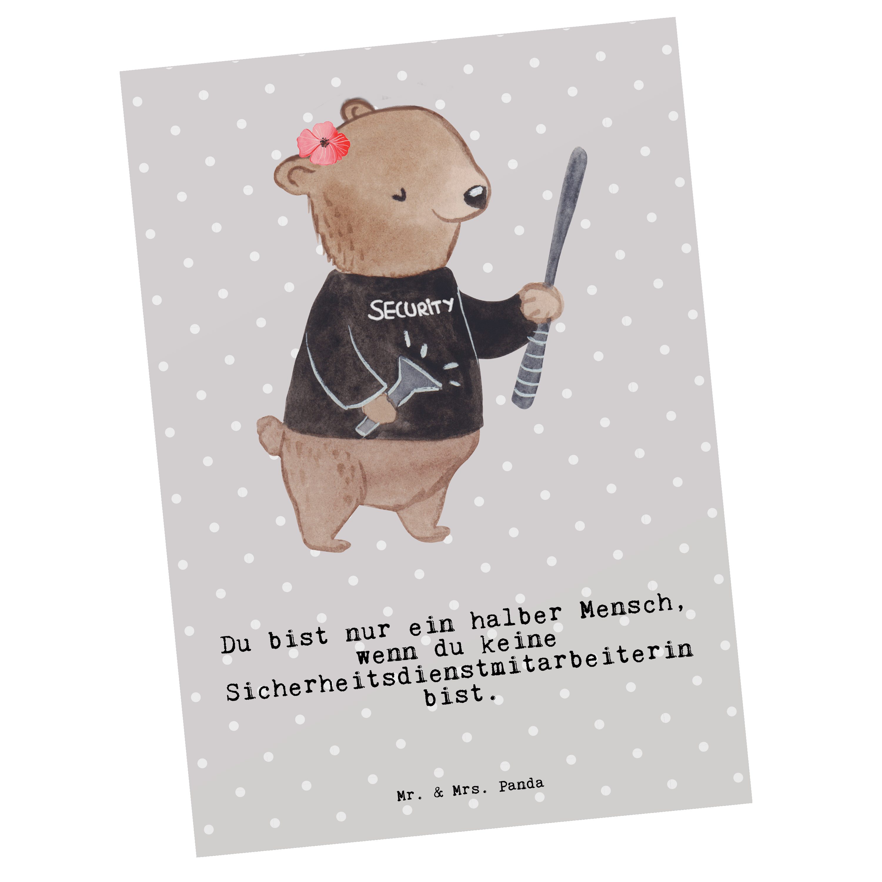 Postkarte Herz & Sc - Mr. Geschenk, - Sicherheitsdienstmitarbeiterin Mrs. Panda mit Pastell Grau