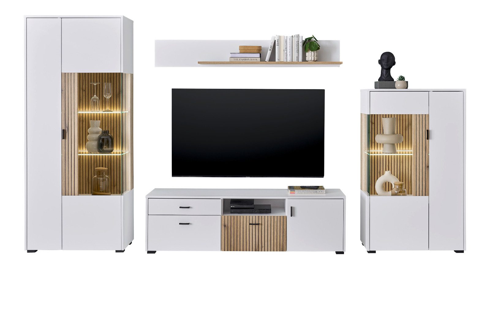Furn.Design Wohnwand Merced, (4-teiliges Set in weiß mit Eiche, 4-St., Breite 310 - 330 cm), mit Soft-Close, Stabopotik