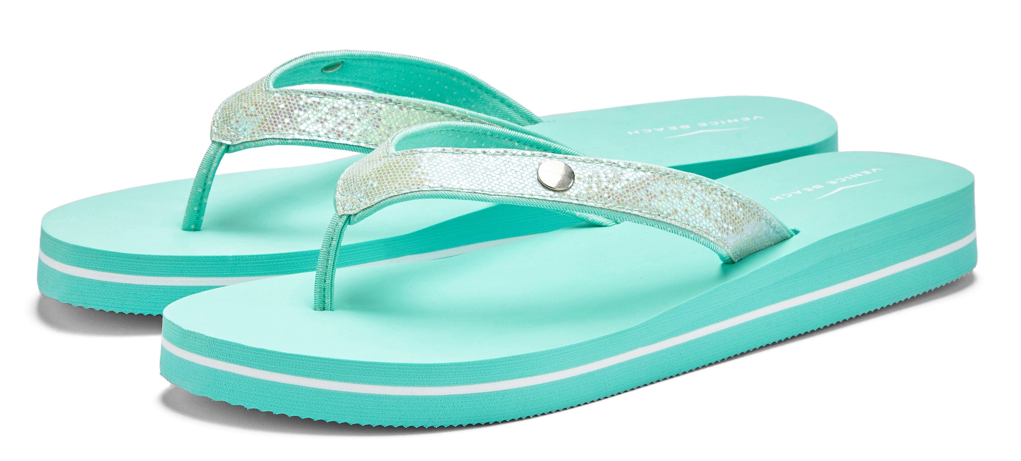 Venice Beach ultraleicht mit Badeschuh Badezehentrenner Pantolette, VEGAN Sandale, Glitzerband mint