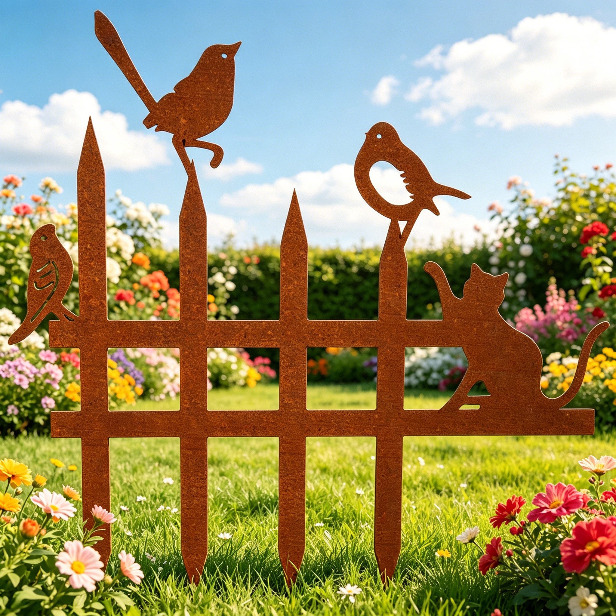 BlingBin Gartenstecker 38x38 cm Gartenzaun mit Vogel-Dekoration, Gartendeko Rost Edelrost (1er Set, 1-St., 1 Stück) Einsteck-Rasen-Lattenzaun für Landschaft Weg Blumenbeete Pflanzbereich