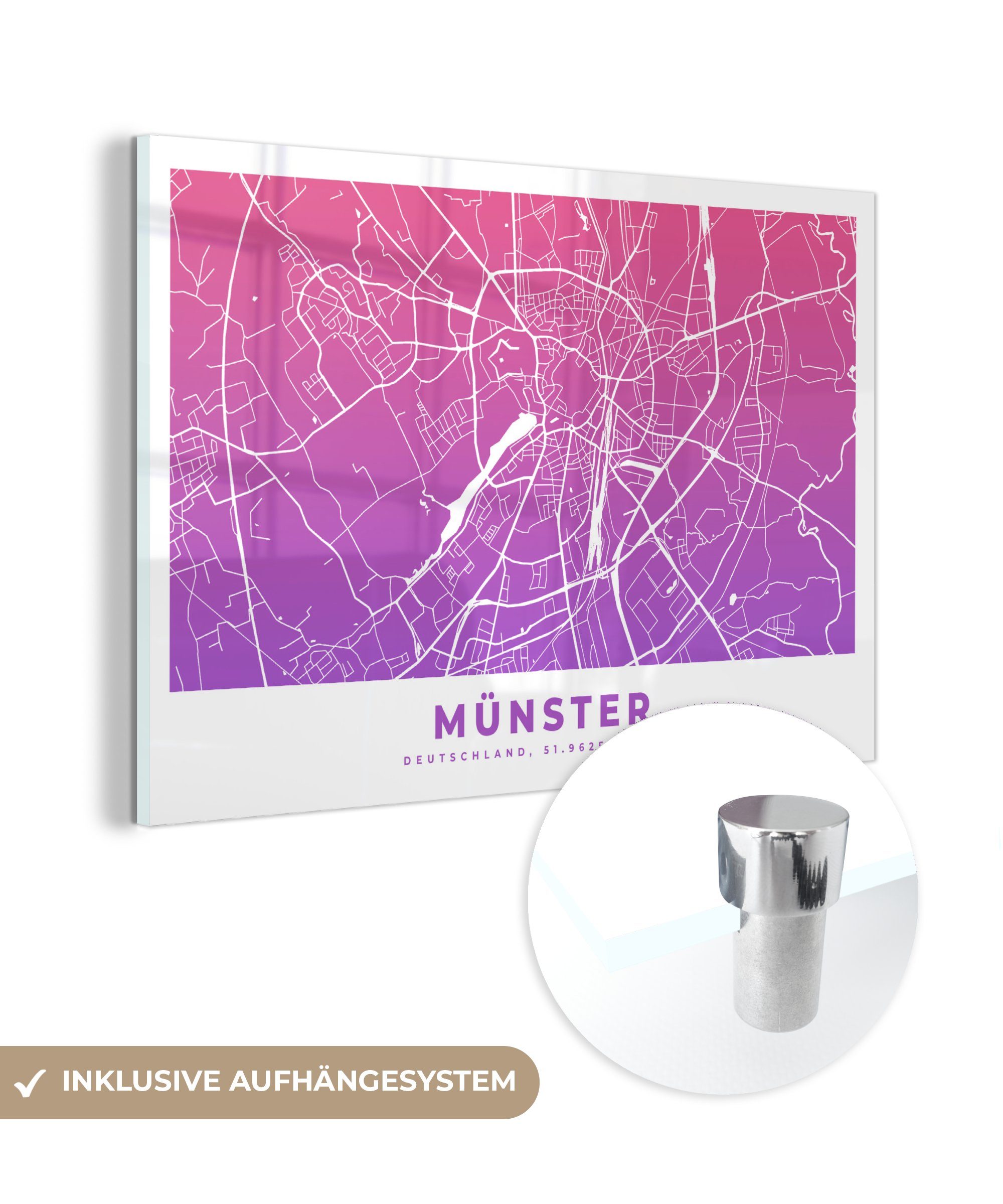 MuchoWow Acrylglasbild Munster - Stadtplan - Deutschland, (1 St), Acrylglasbilder Wohnzimmer & Schlafzimmer | Bilder