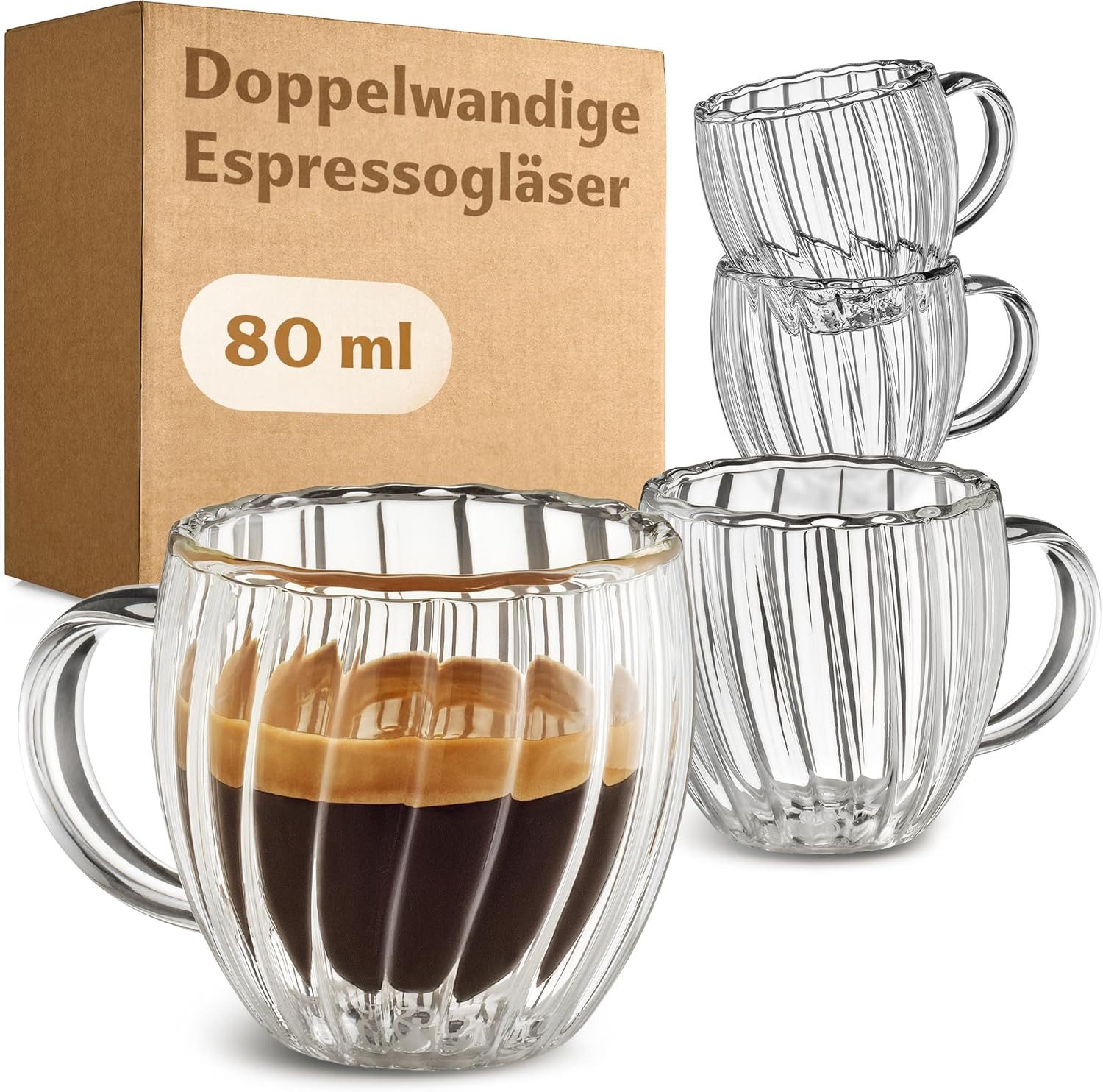Espressoglas Cosumy Doppelwandige Espresso Gläser 80ml - 4er Set mit henkel