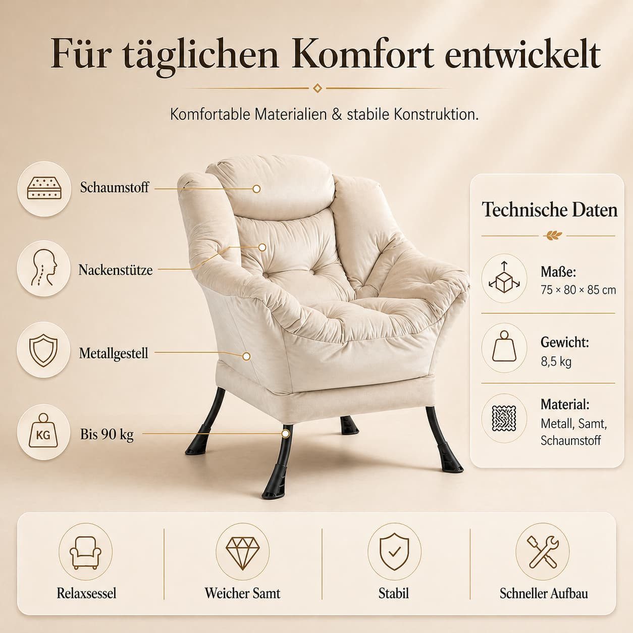 ANYSUN Loungesessel aus Samt mit Nackenstütze, wahlweise mit Fußhocker, weich gepolstert, Lesesessel mit Seitentasche für Wohnzimmer & Schlafzimmer – Bild 5 von 5