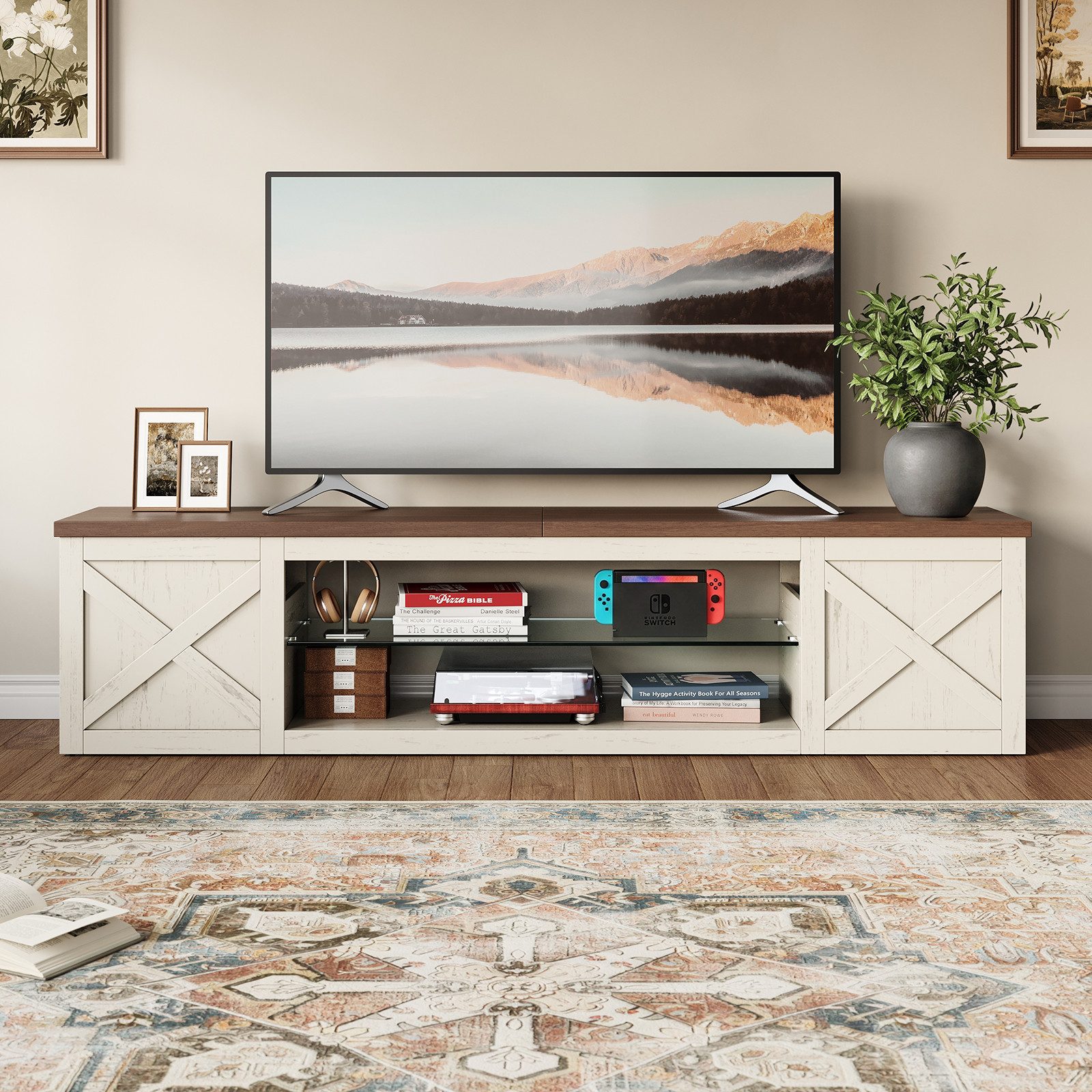 Patbrela TV-Schrank Landhausstil mit RGB-LED verstellbarem Einlegeboden & offenem Stauraum
