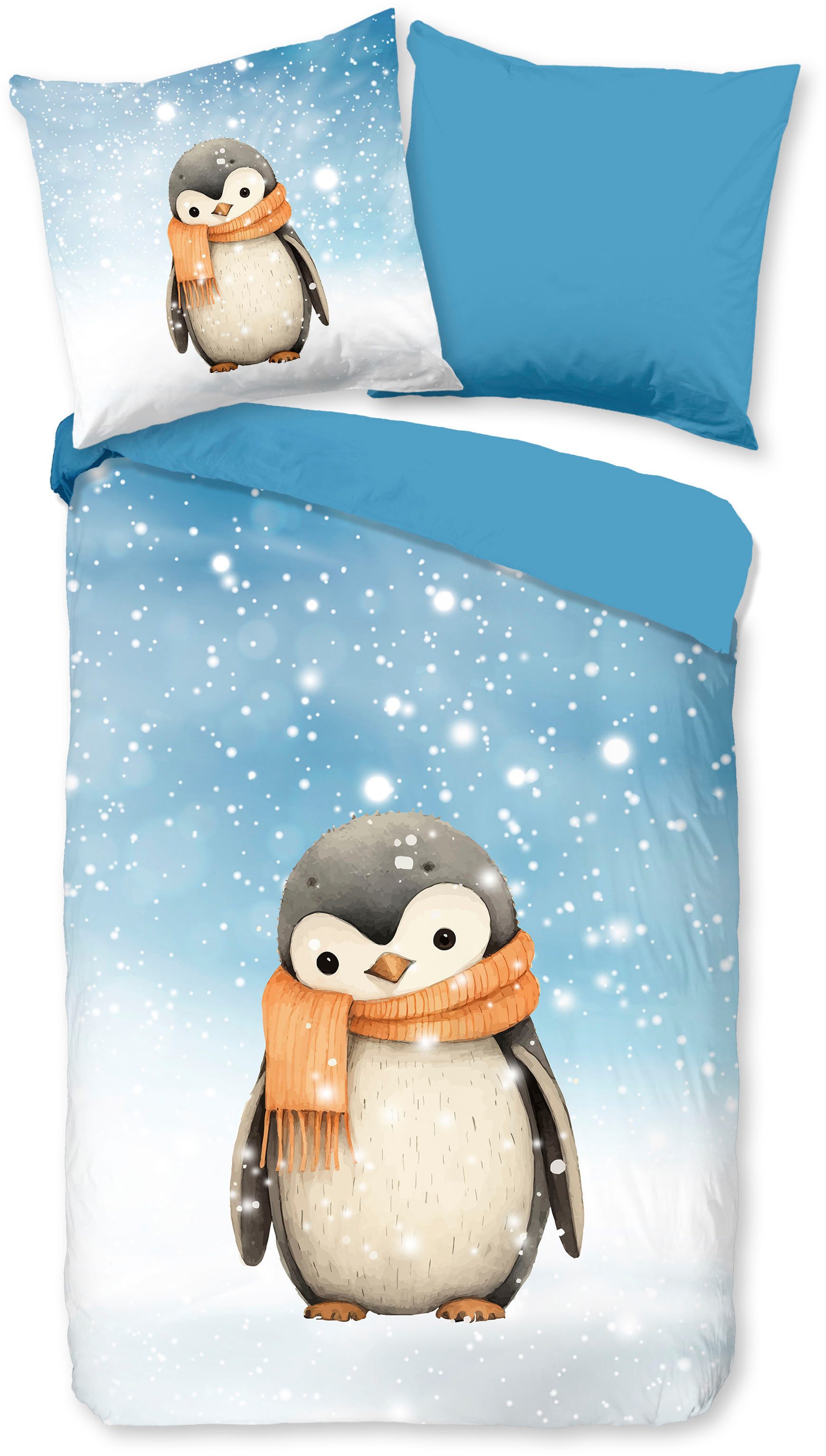 good morning Kinderbettwäsche Pingi, Biber, Flanell, 2 teilig, Flanell, Biber, 135x200, Winter, Warm, Wende, Kind, Pinguin, Schnee