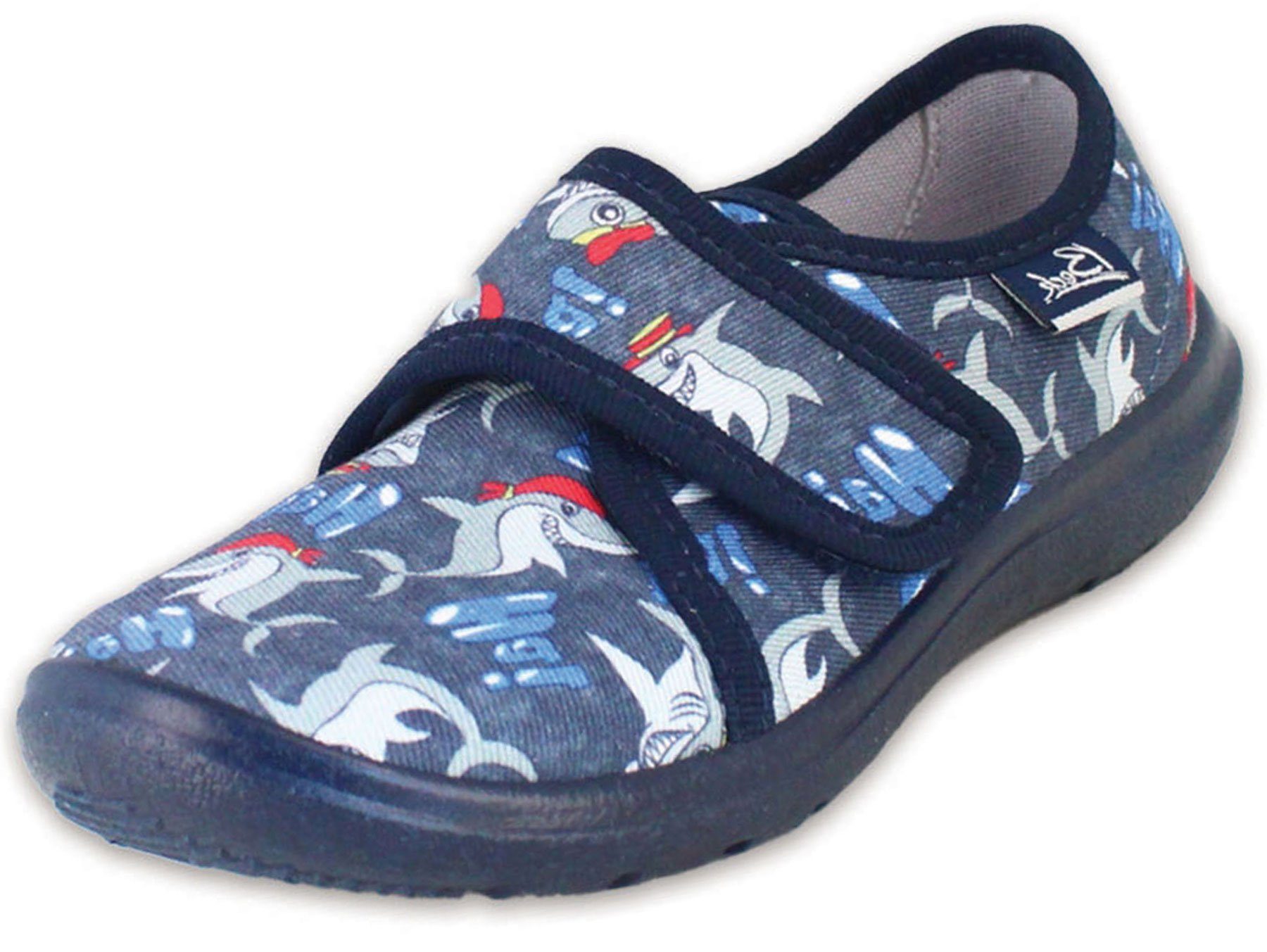 Beck Hausschuh Haie Hausschuh (atmungsaktive Materialien, für Kindergarten, Schule, Zuhause) schmale Passform, weiche Innensohle, flexible Laufsohle