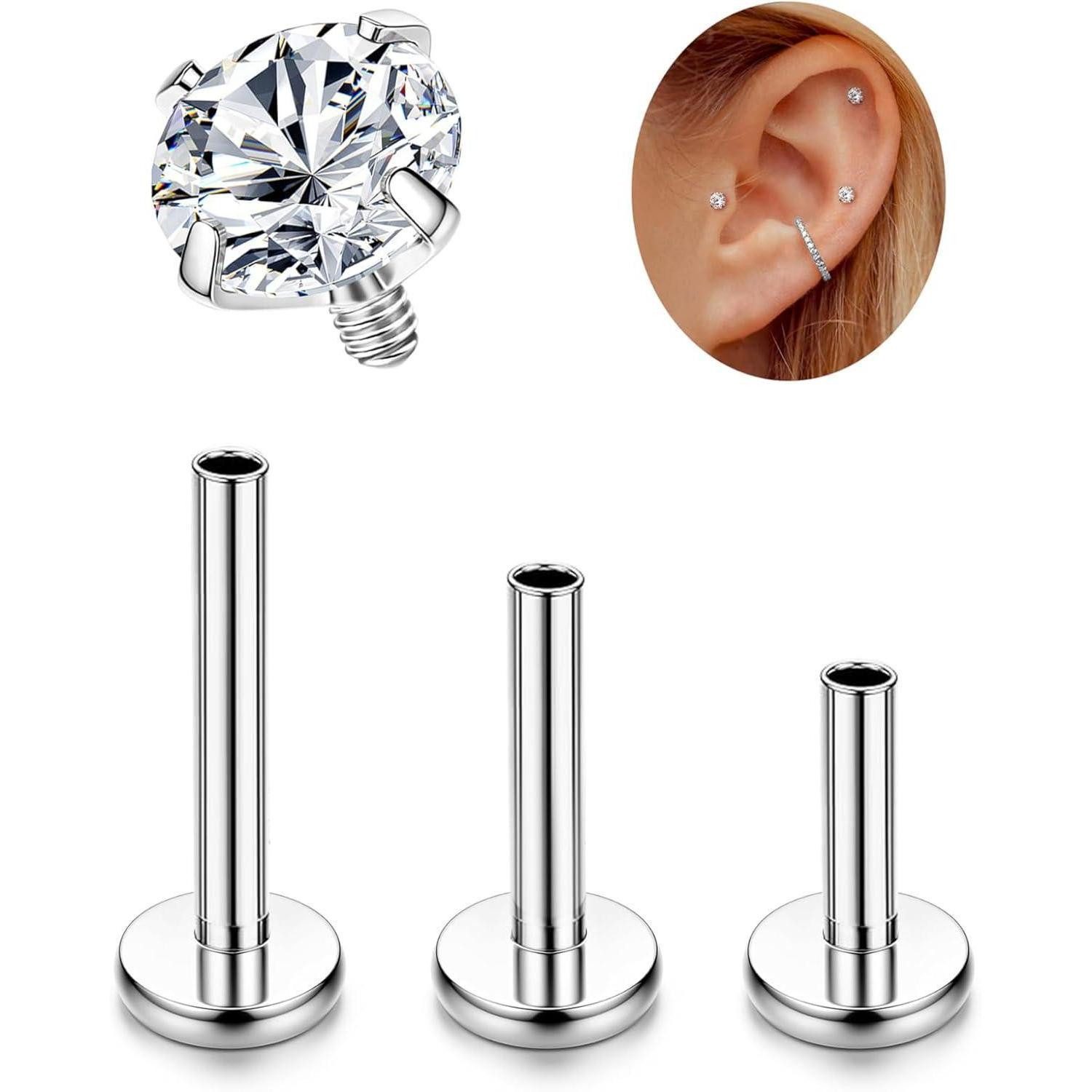 LuxusKollektion Piercing-Set Ohrstecker Titan G23 Innengewinde Helix Tragus Conch Gold Silber-CZ
