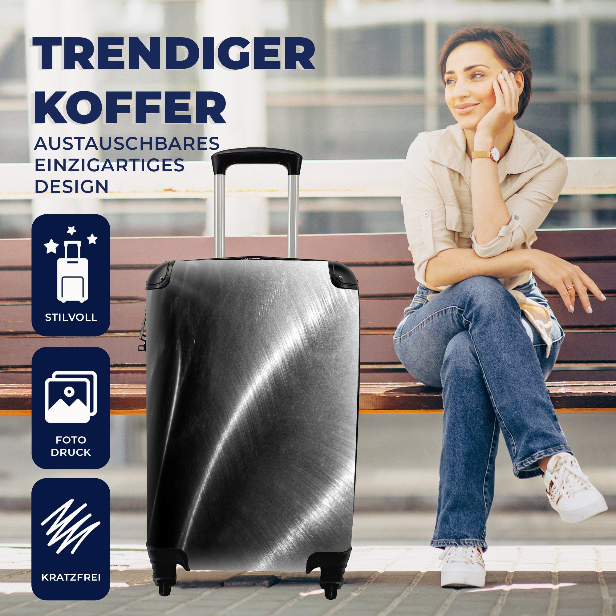 Reisekoffer MuchoWow - 4 - Handgepäck mit Reisetasche Schwarz Ferien, - Rollen, Weiß, Handgepäckkoffer rollen, Metalldruck Silber für Trolley,
