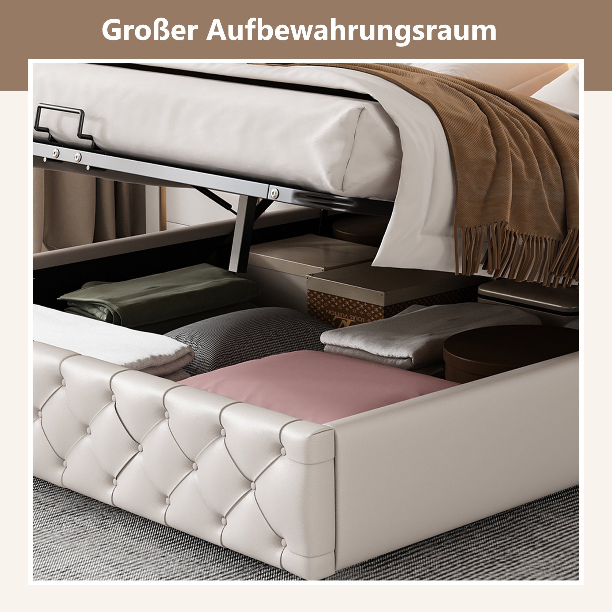 Boxspringbett (Hydraulisches Bett 140x200cm mit Bettkasten), Polsterbett mit LED-Beleuchtung, Kunstleder, weiches Kopfteil