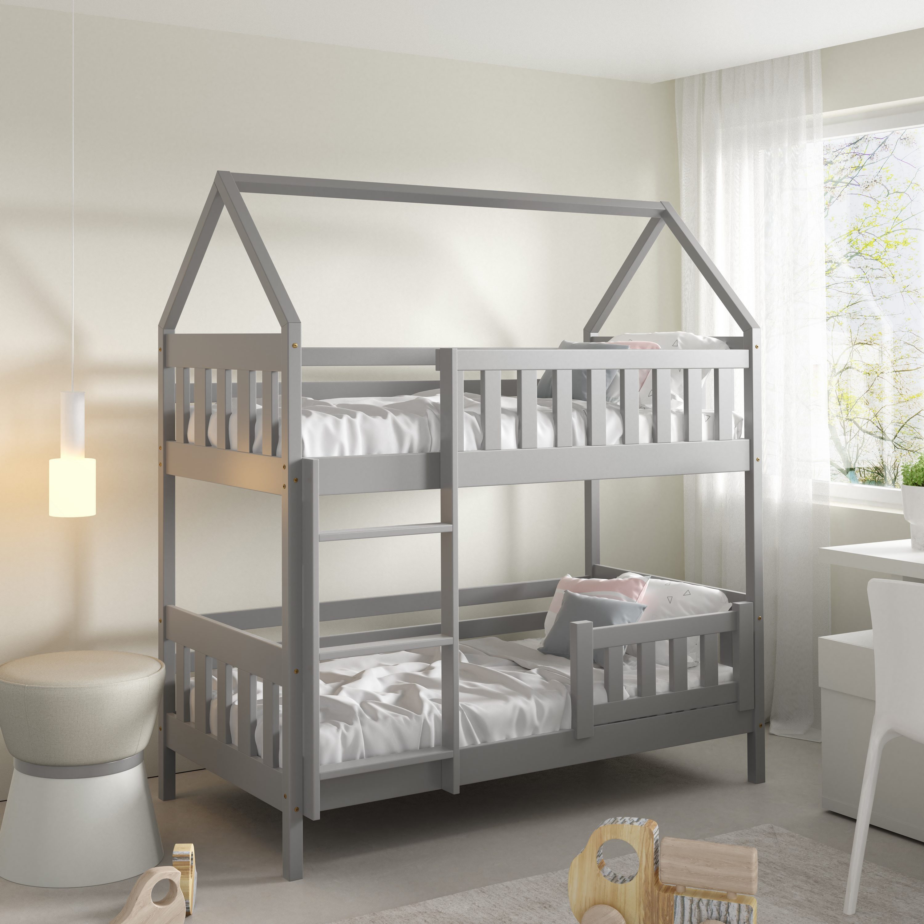 Masseno Etagenbett ELENA 80x160 cm Hochbett Kinderbett Massivholz Grau