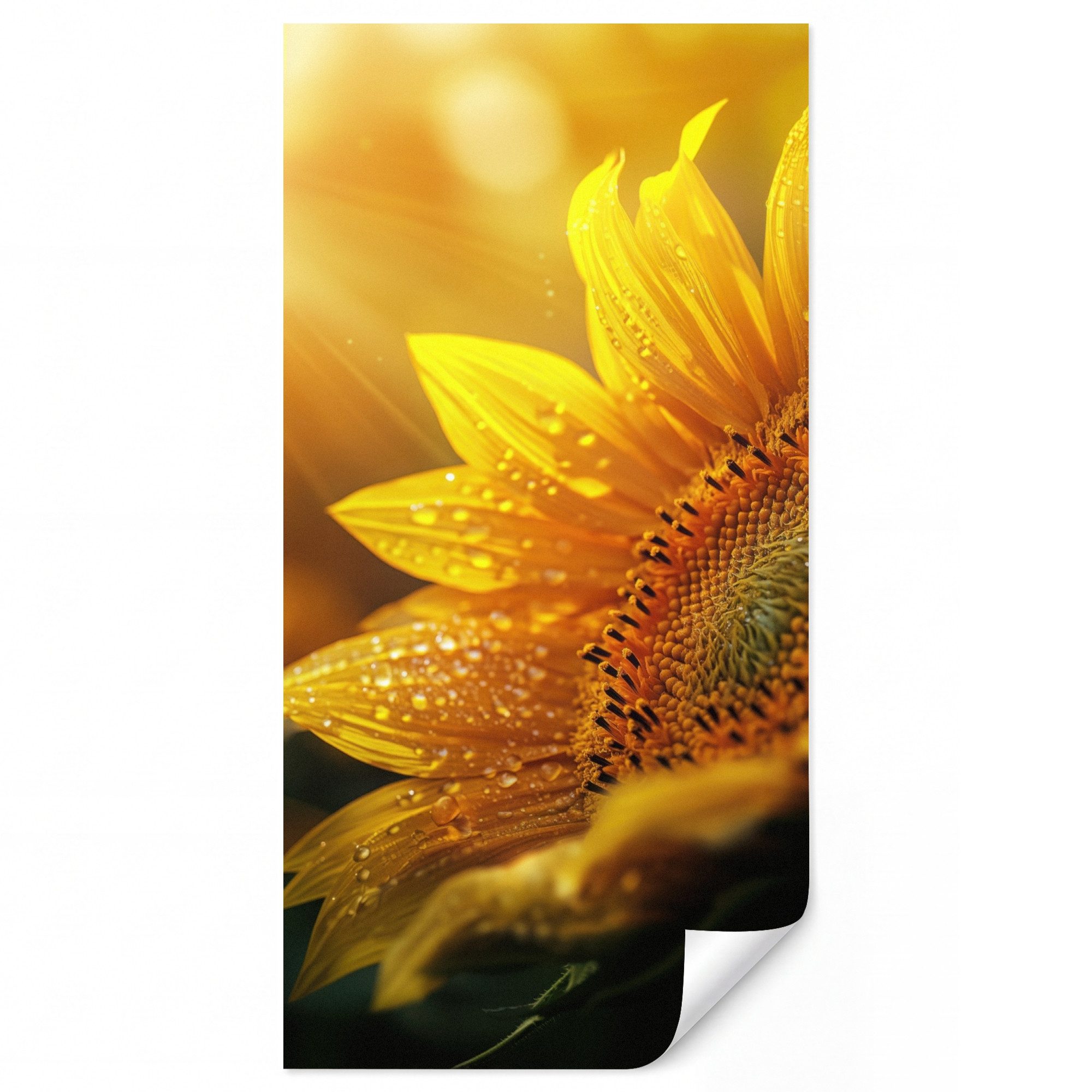 OnlyWow Fototapete Sonnenblume - Tautropfen - Gelb - Sonnenlicht, Matt, bedruckt, Wandtapete, Schlafzimmer, Wanddekoration 100x220cm