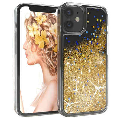 EAZY CASE Handyhülle Liquid Glittery Case für Apple iPhone 12 Mini 5,4 Zoll, Durchsichtig Back Case Handy Softcase Silikonhülle Glitzer Cover Gold