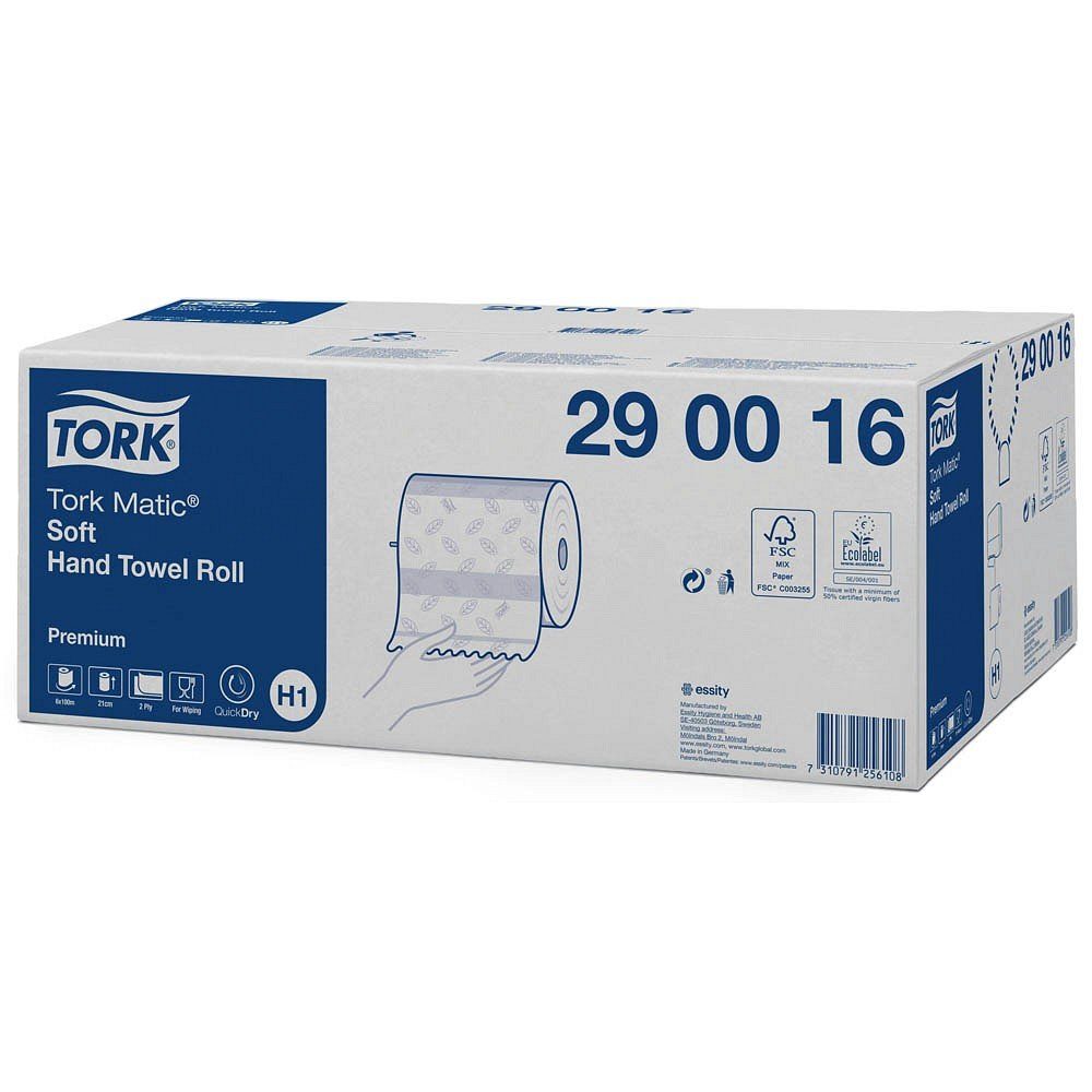 TORK Papierhandtuch 6 Rollen Papierhandtuch Matic Premium 2-lagig - weiß, 2-lagig, Nassfest, Lorbeerblatt-Design