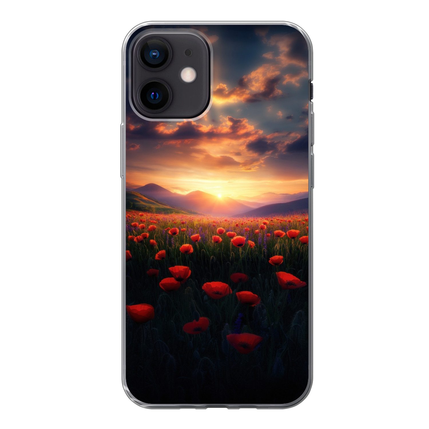MuchoWow Handyhülle für Apple iPhone 12 Landschaft - Sonnenuntergang - Blumenfeld, Smartphone-Bumper, Print, Handy Schutzhülle Dünn