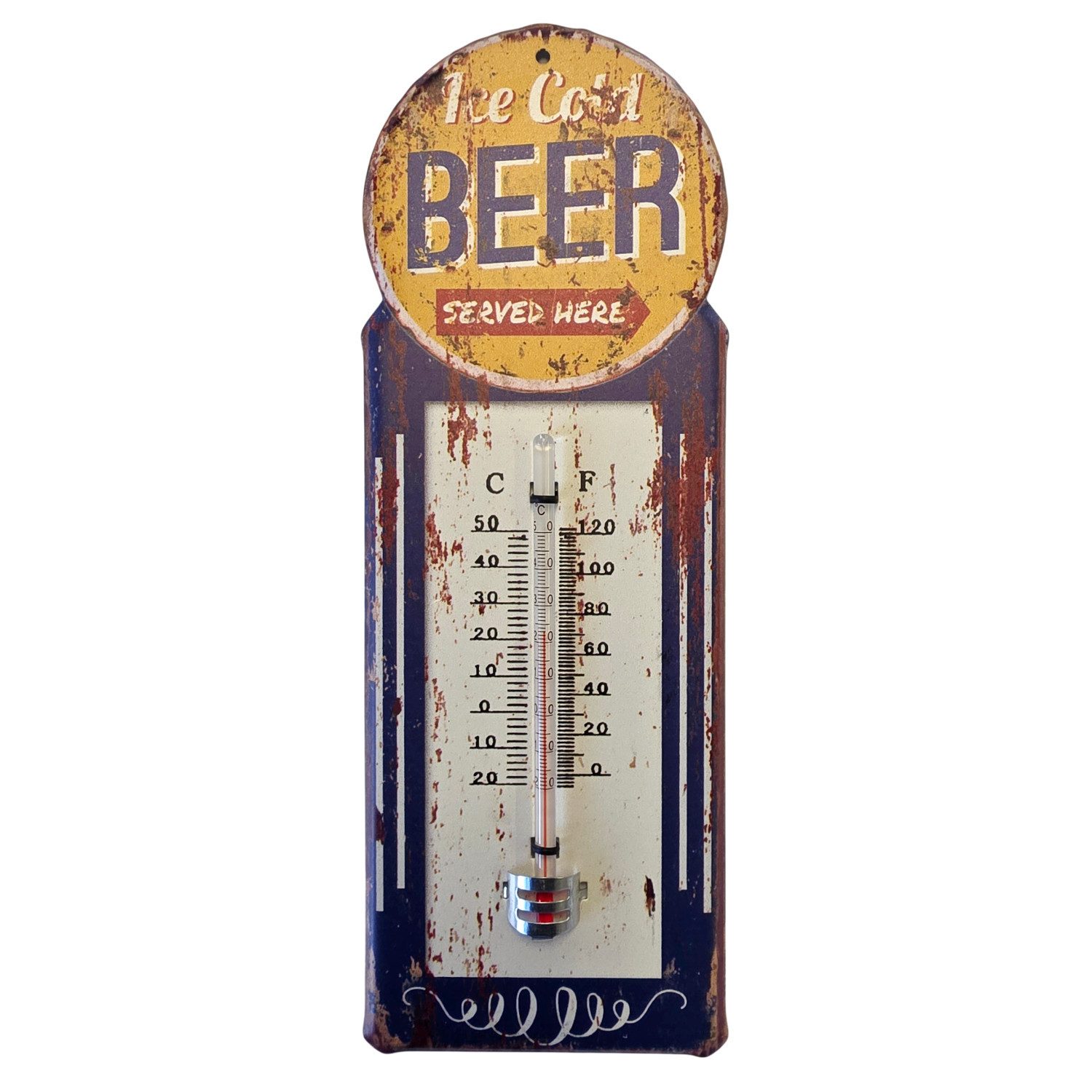 meberg Raumthermometer Retro Thermometer USA Metall Wandthermometer, 1-tlg., Vintage Deko für Garage, Werkstatt und Bar, Beer, Gasoline oder Motor Oil 29 cm Celsius & Fahrenheit