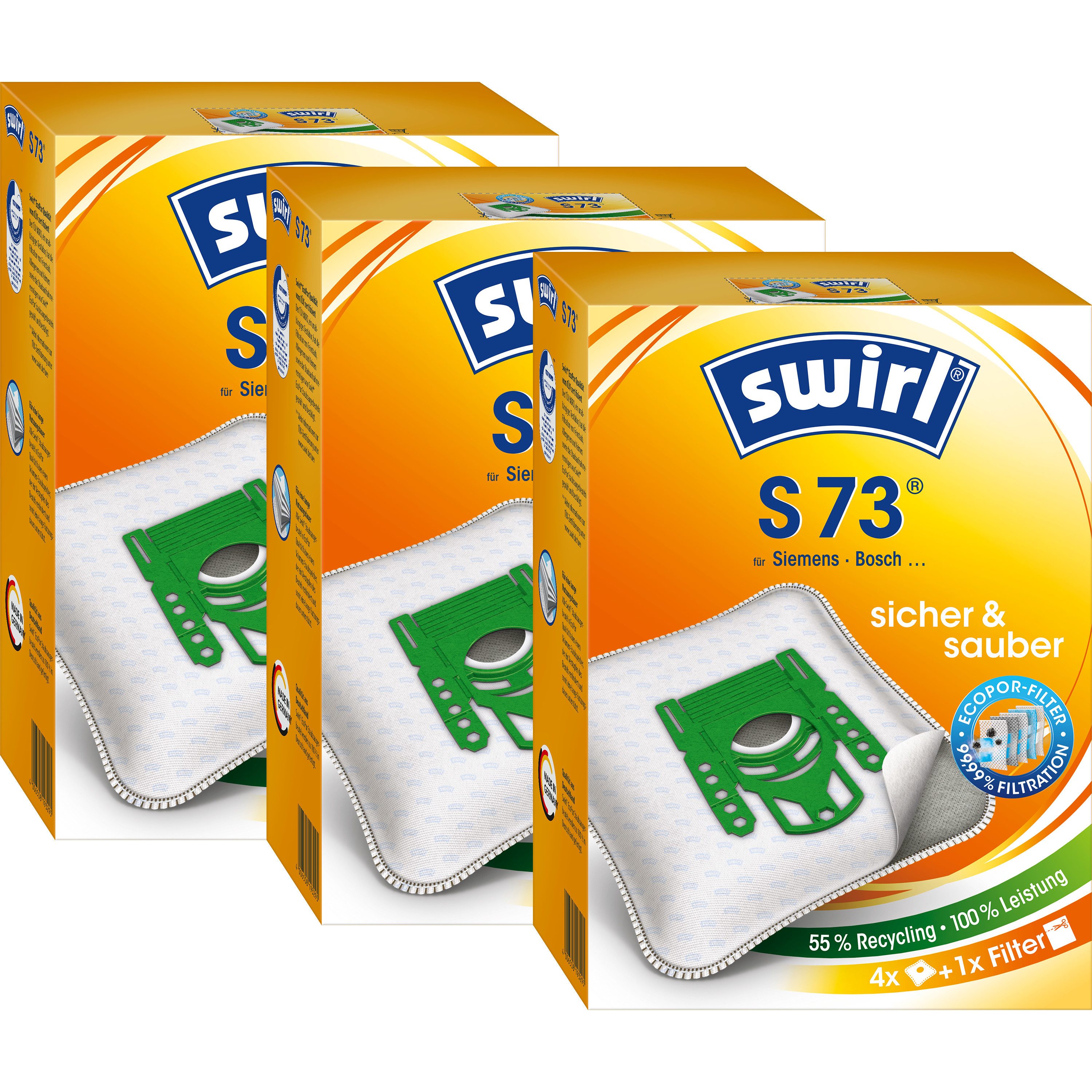 Swirl Staubsaugerbeutel SWIRL Staubsaugerbeutel S 73 EcoPor 3er-Pack 12 Beutel, passend für Siemens, Bosch