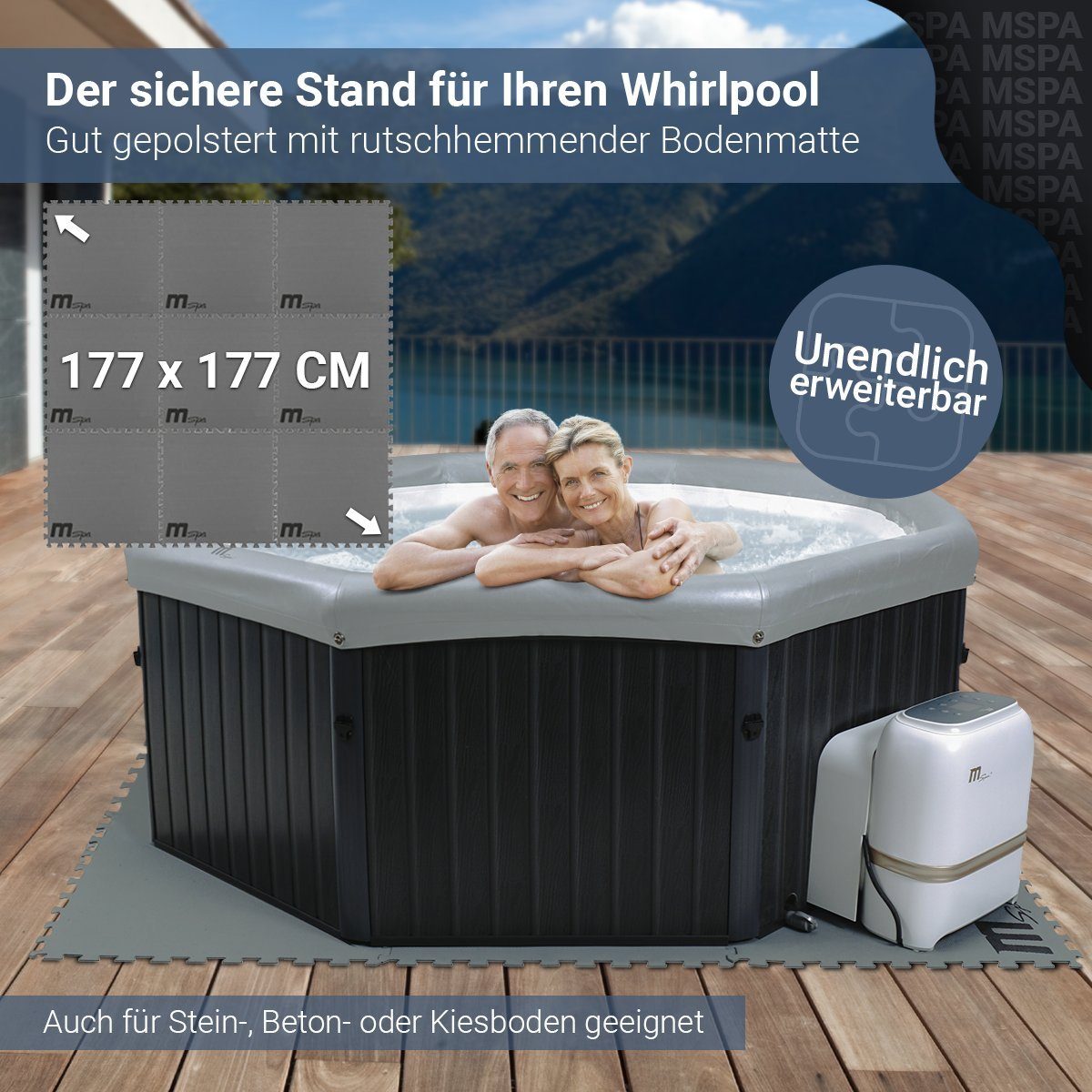 mSpa Pool-Bodenschutzfliese Miweba MSpa Whirlpoolmatte Wärmeschutzmatte 9-teilig quadratisch, Poolmatte, Bodenschutzmatte, 9-St., 9-teilige Puzzlematte, 2 Größen, wasserabweisend, Geeignet für 4 & 6-Personen Pools