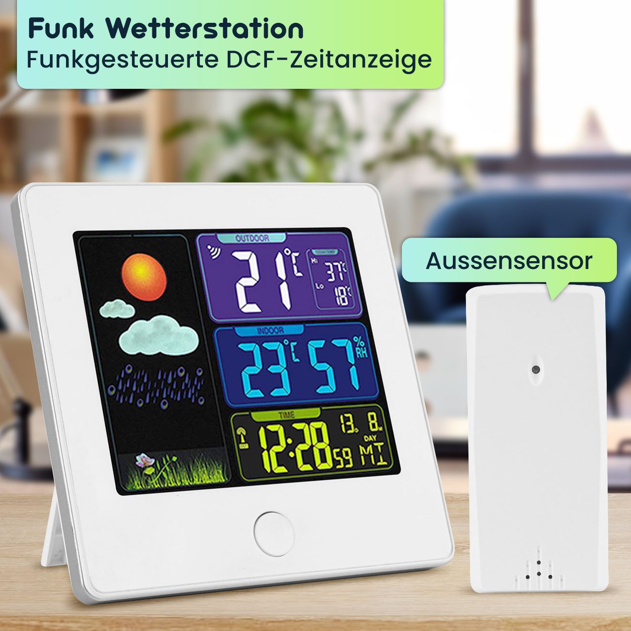 Casativo Funk-Wetterstation mit Außensensor, Farbdisplay, Wecker & Hygro Funkwetterstation (mit 60m Außensensor, Farbdisplay, Min/Max-Speicher & Snooze-Wecker) – Bild 4 von 5