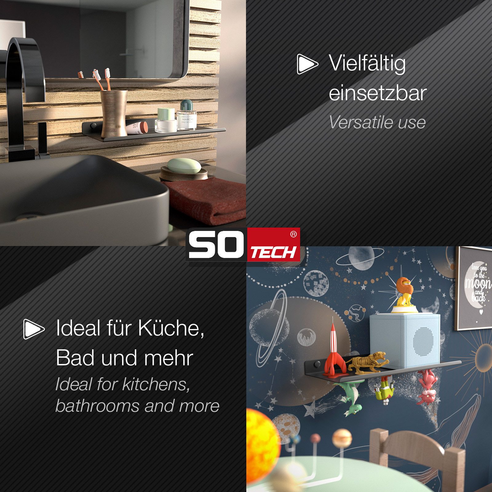 SO-TECH® Wandregal Schweberegal HOVER 35/45 x 13 x 3 cm inkl. Befestigungsset, 2-tlg., Wandmontage, für Bad Küche oder Wohnzimmer, Schwarz – Bild 5 von 5