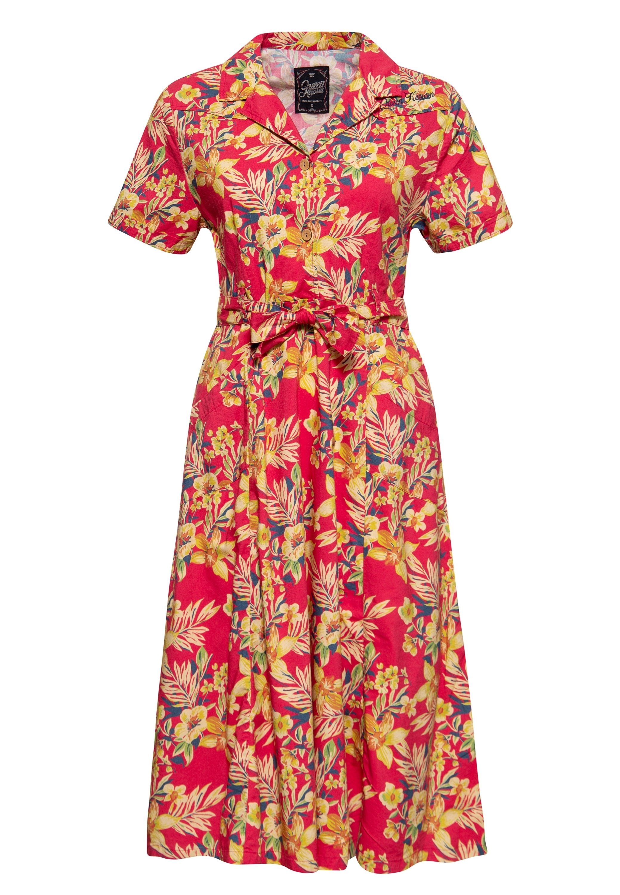 QueenKerosin Jeanskleid Hawaii Red (1-tlg) mit tropischem All-over-Print