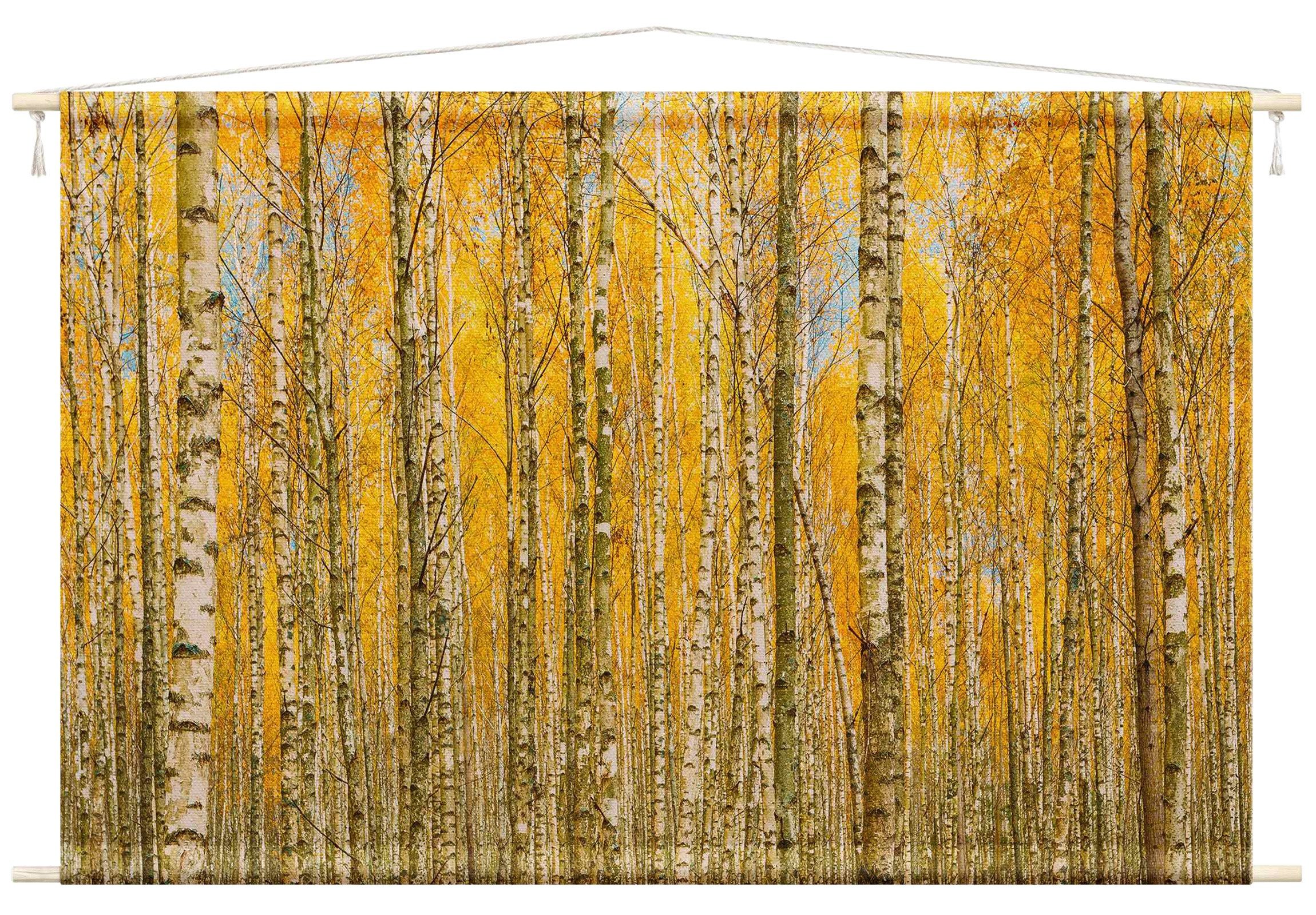 Bilderdepot24 Wandteppich modern Wald Natur gelb, rechteckig, Höhe: 2.6 mm, großes Wandbild aus Natur-Baumwolle Wandbehang Stoffbild Tuch Wollseil