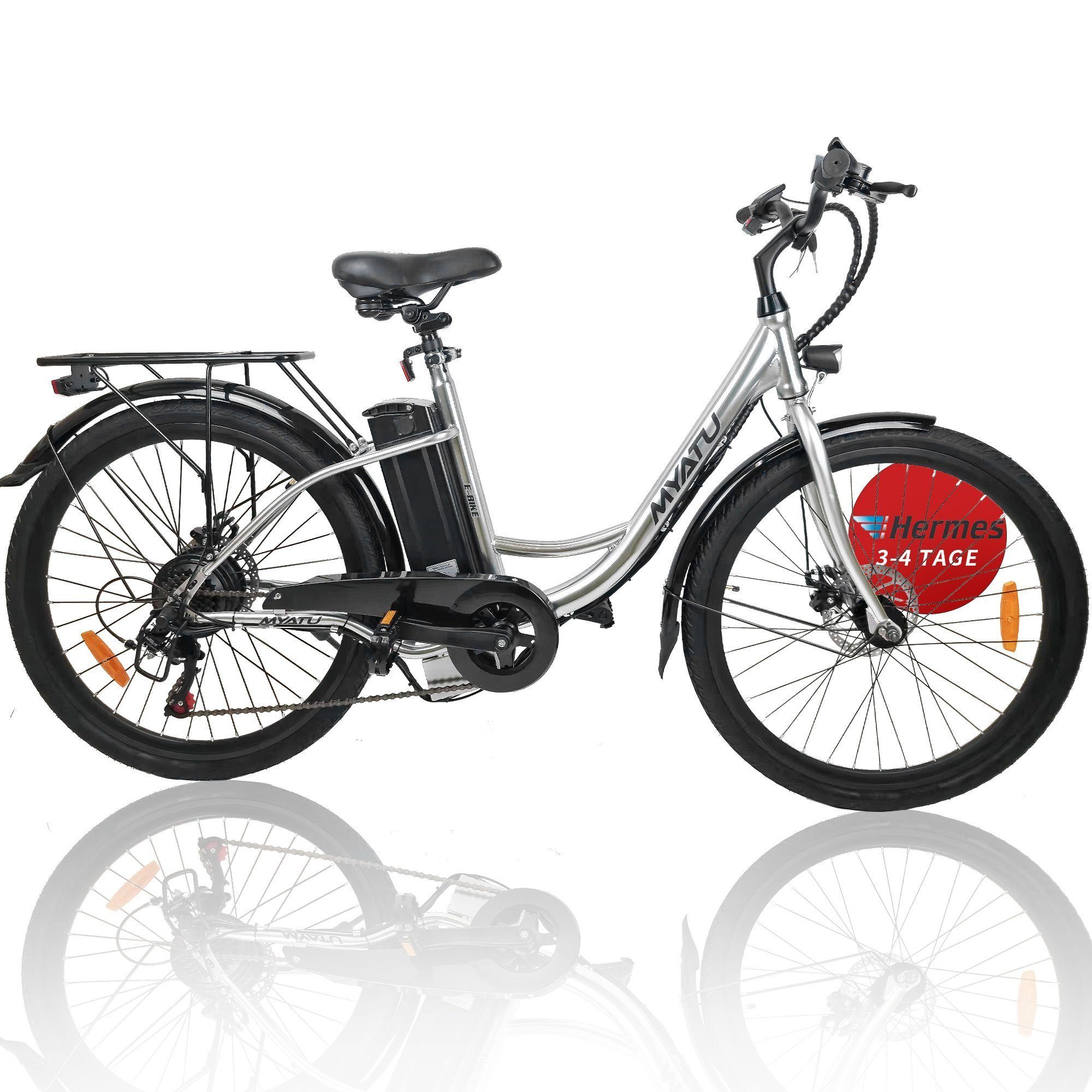Myatu E-Bike 26 Zoll E-Citybike für Damen & Herrren, mit 12,5Ah Akku maxmail 100km, 6 Gang Shimano, Kettenschaltung, Heckmotor Silber