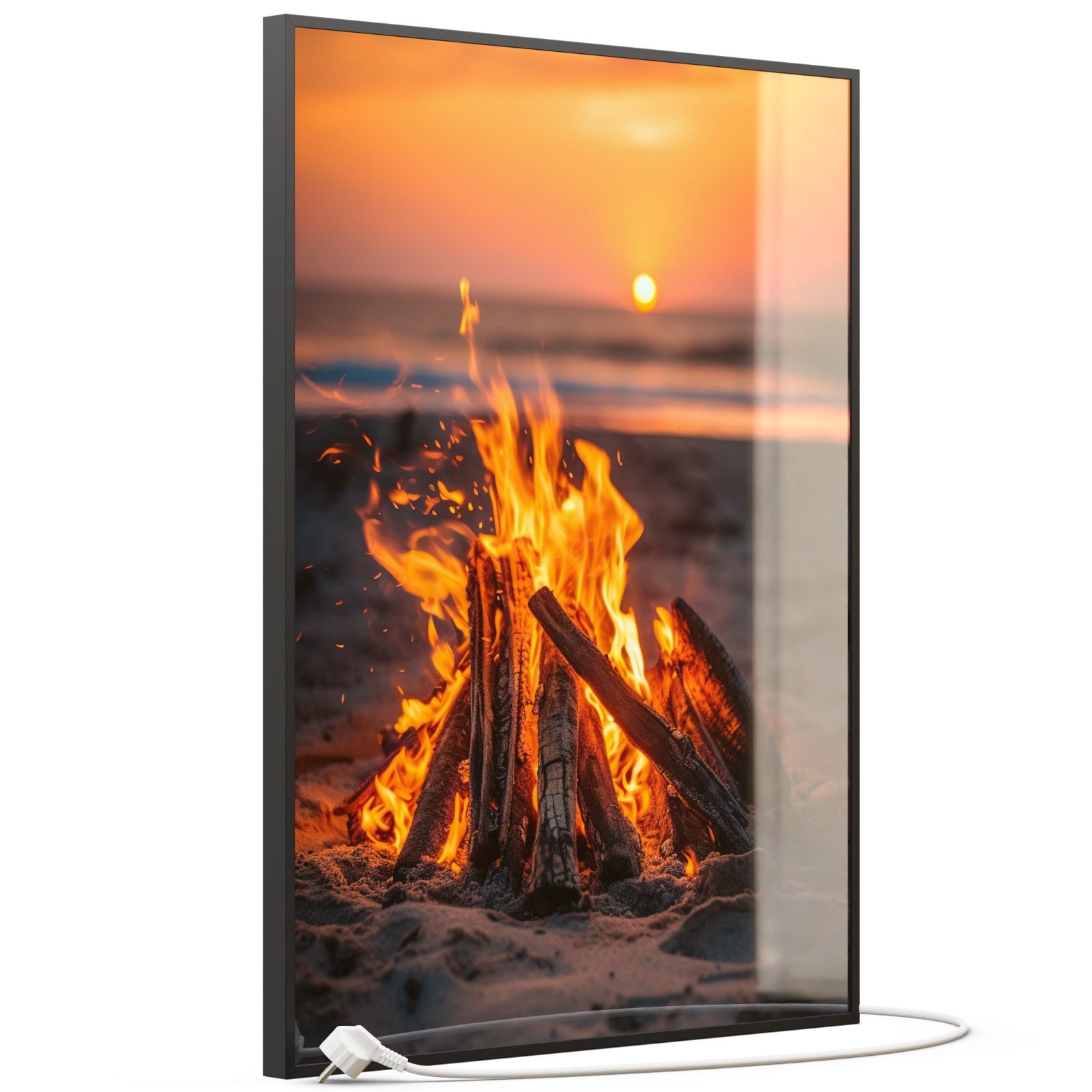 STEINFELD Heizsysteme Infrarotheizung, Glas Bild 350W-1200W, Inklusive Thermostat, 071H Feuer am Strand Schwarz