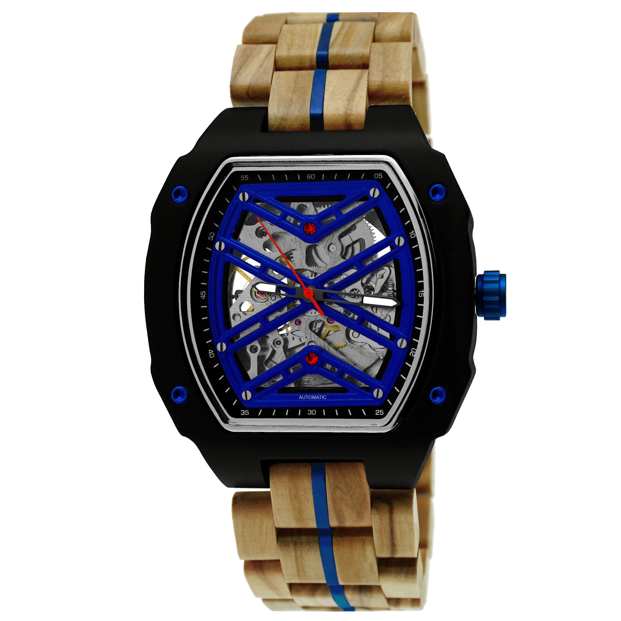 Holzwerk Automatikuhr CASTROP Tonneau Herren Holz Armband Uhr in beige, blau & schwarz | Mechanische Uhren