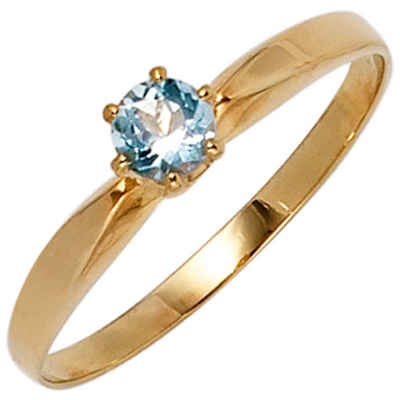 Schmuck Krone Fingerring Ring mit Aquamarin hellblau & 585 Gelbgold, Gold 585