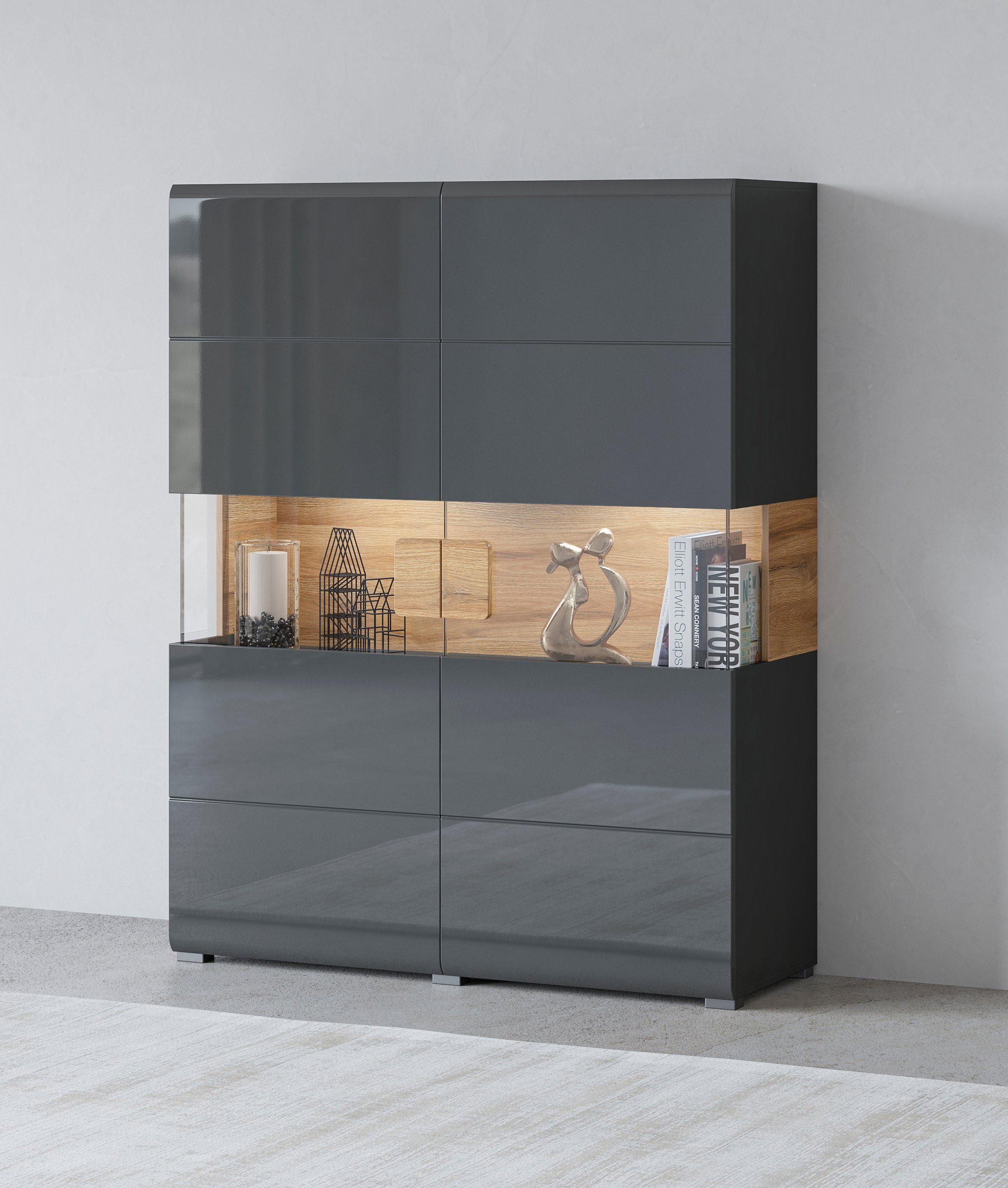 INOSIGN Highboard Toledo,Breite 121,5 cm, trendige Hochkommode mit 2 Türen, Hochschrank mit Glas-Partien,stylische Hochglanzfronten