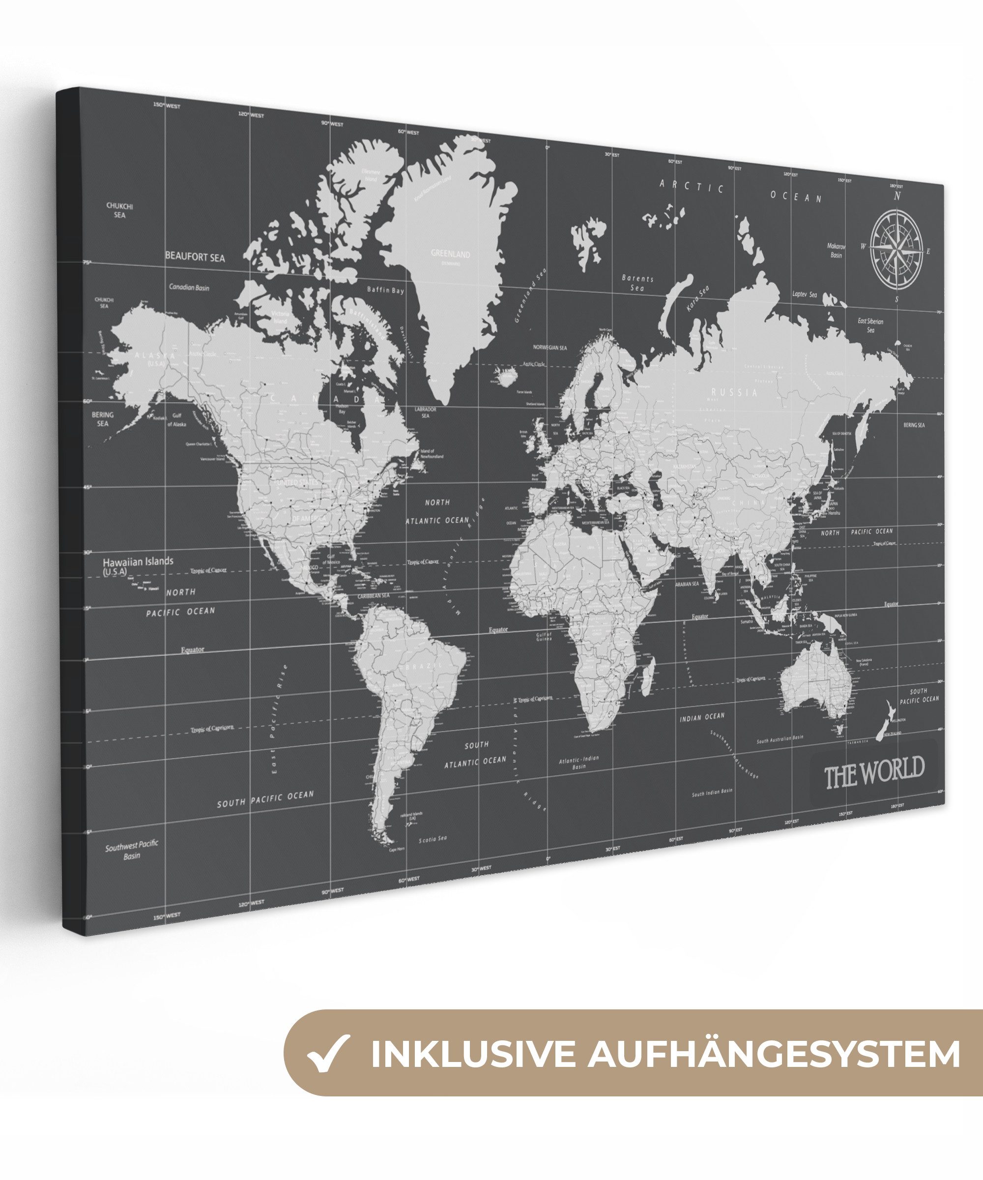 OneMillionCanvasses® Leinwandbild Weltkarte - Schwarz - Weiß - Welt, Fotodruck (1 St), Leinwand Bilder Klein, Wand Dekoration Aesthetic 30x20 cm