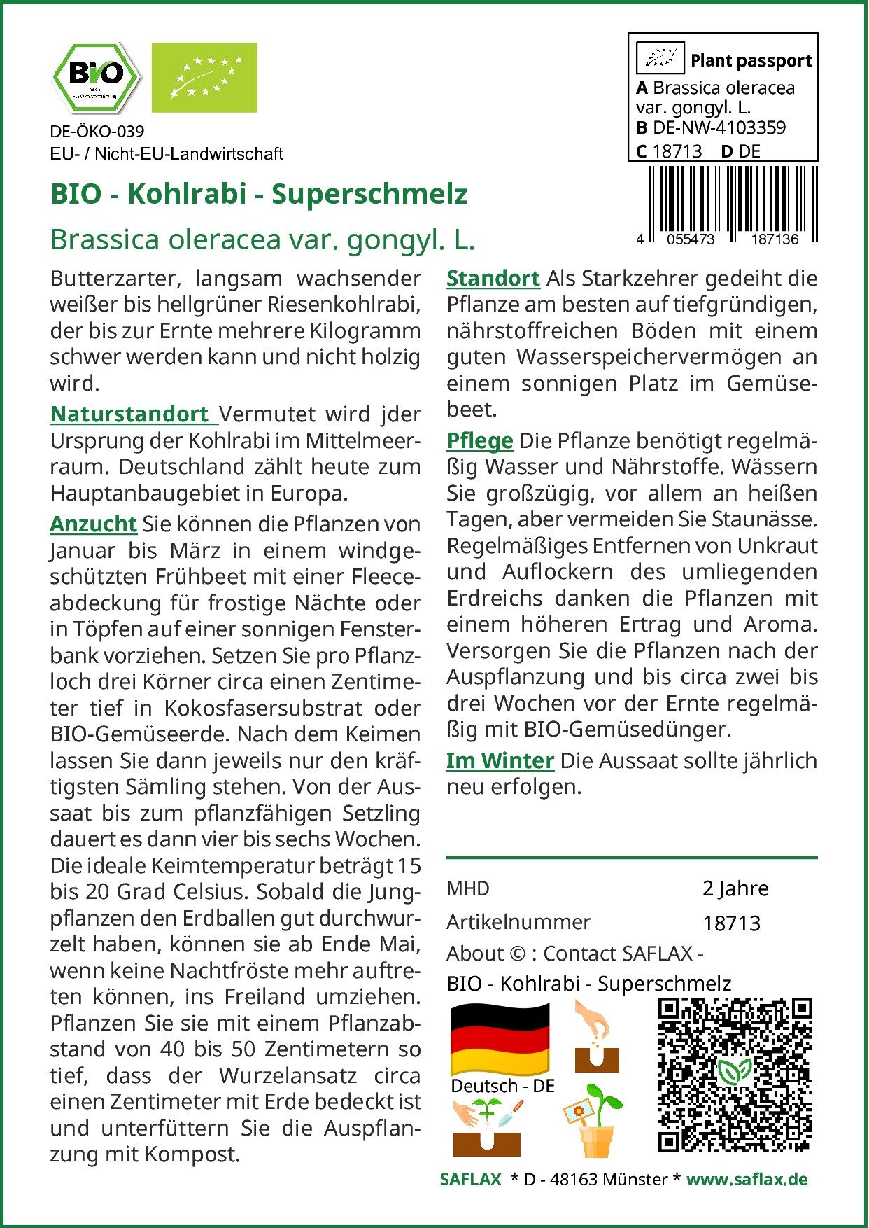 SAFLAX Gemüsesamen SAFLAX - Samen - BIO - Kohlrabi - Superschmelz