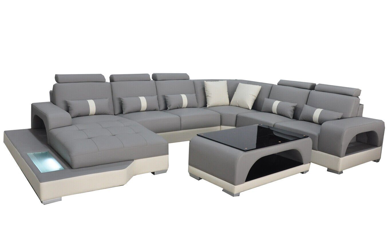 JVmoebel Ecksofa Leder Sofa Moderne Couch Wohnlandschaft+Tisch Eck Couchen Sitz mit USB, 2 Teile Silber