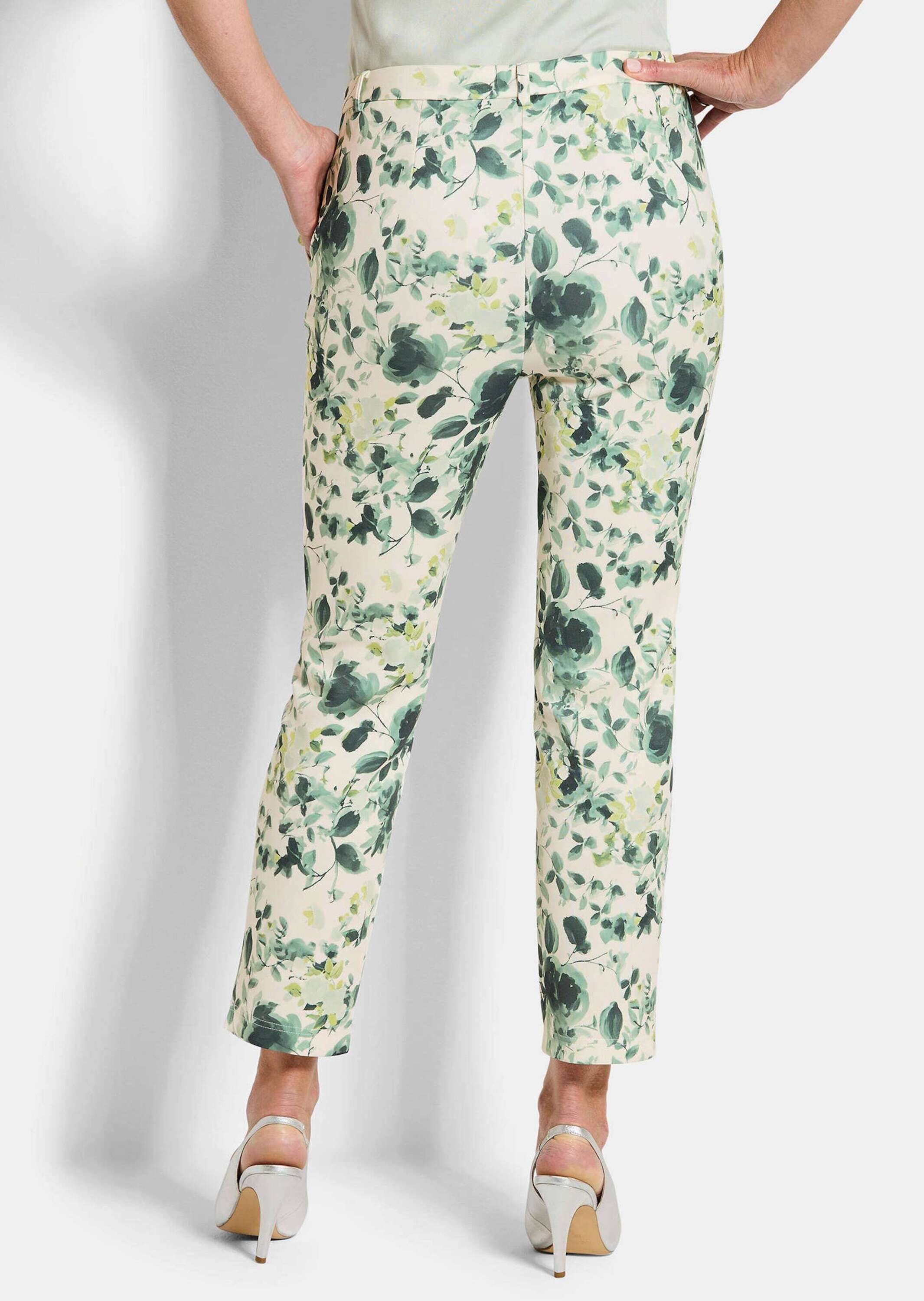 GOLDNER Stoffhose Jerseyhose mit floralem Design Druckhose mit Formbund, Reißverschluss, Taschen und Knöchellänge