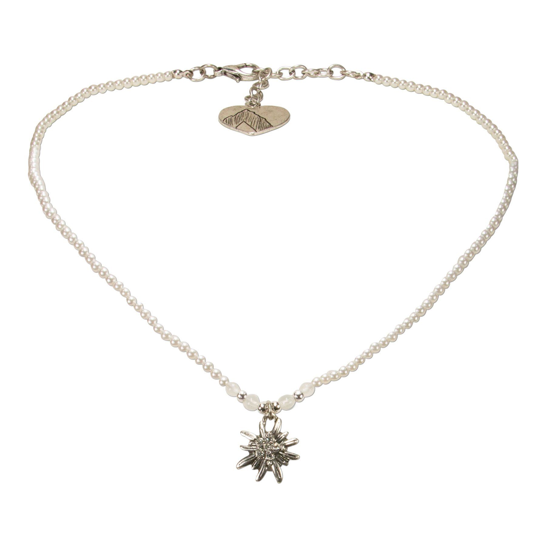 Alpenflüstern Ketten-Set Trachtenschmuck-Set Filigran Perlen-Trachtenkette und Trachten-Armband Strass-Edelweiss (creme-weiß), - Damen-Trachten-Schmuck, Trachtenset Dirndl-Kette und Trachten-Armkette