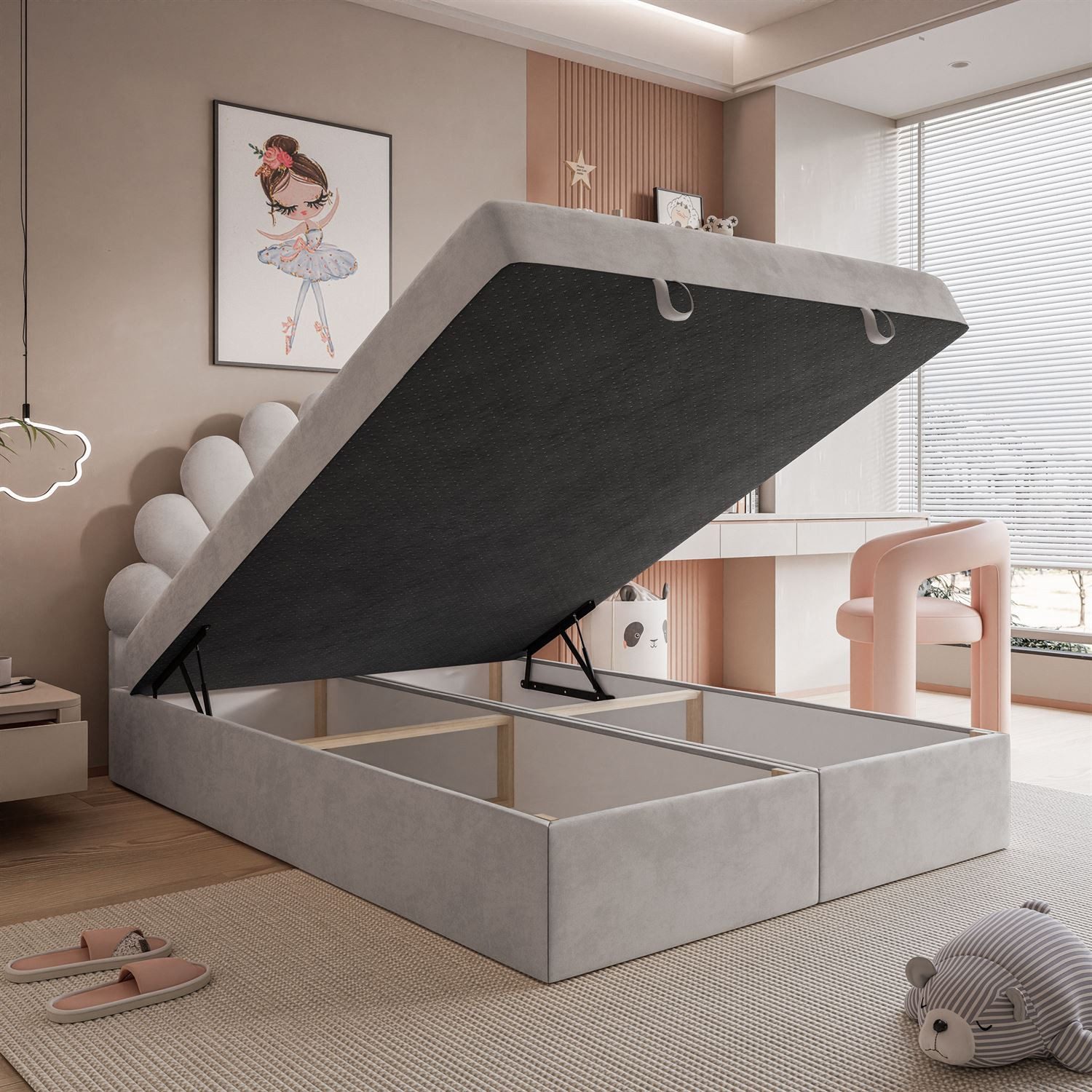 Lookway Boxspringbett ASHLEY Polsterbett mit Muschel-Kopfteil und Bettkasten (Boxspringbett mit Topper), gepolstertes Kopfteil