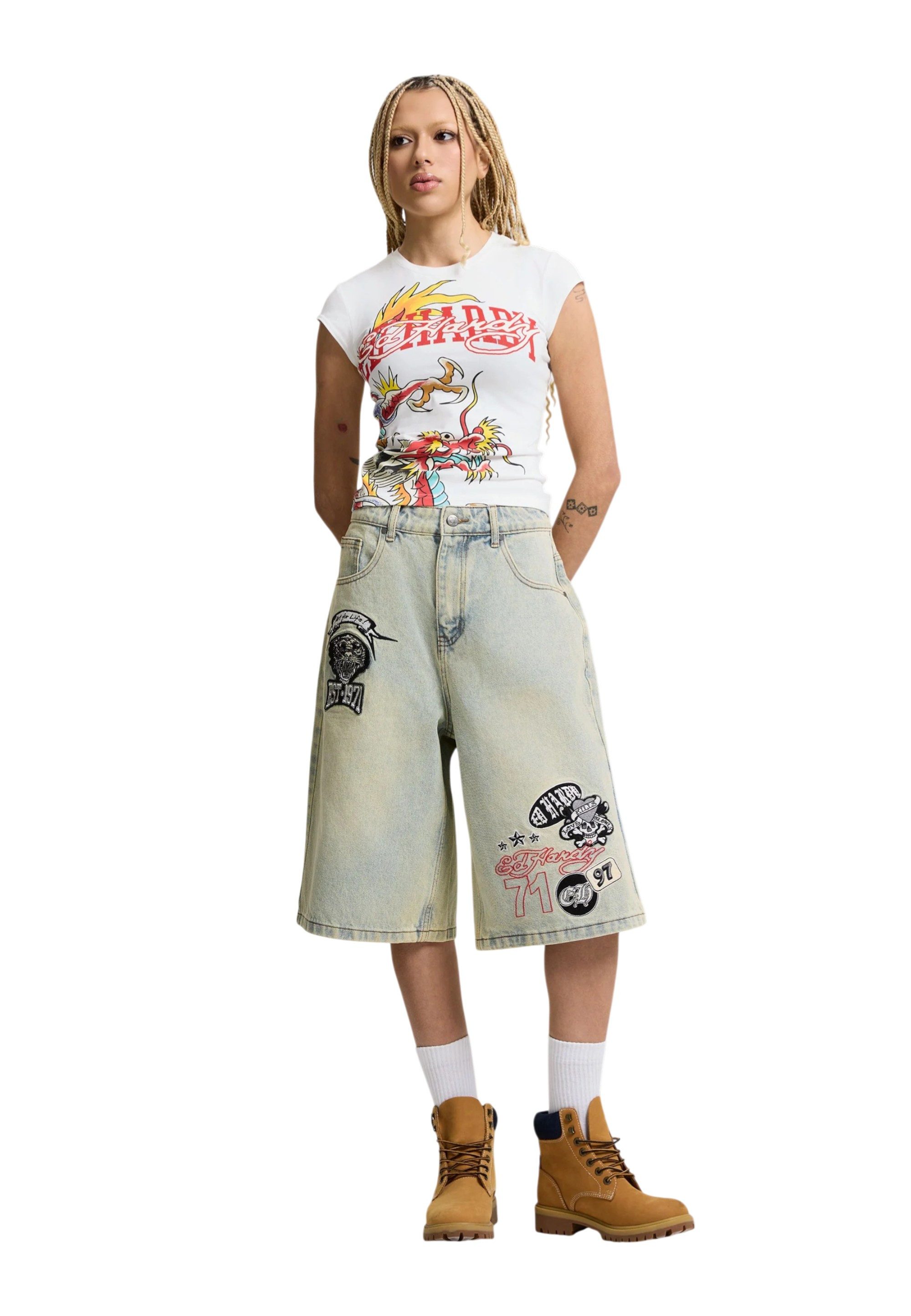 Ed Hardy 3/4-Jeans Short Ed Hardy Multi Badge Tattoo bleach Stickerei