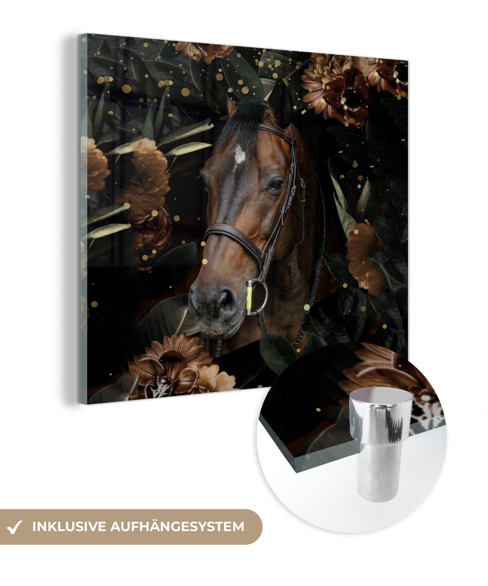 (1 Pferd - Blumen Halfter, Glas auf - Foto - auf Wanddekoration Glasbilder MuchoWow Acrylglasbild - - Wandbild Glas Bilder St),