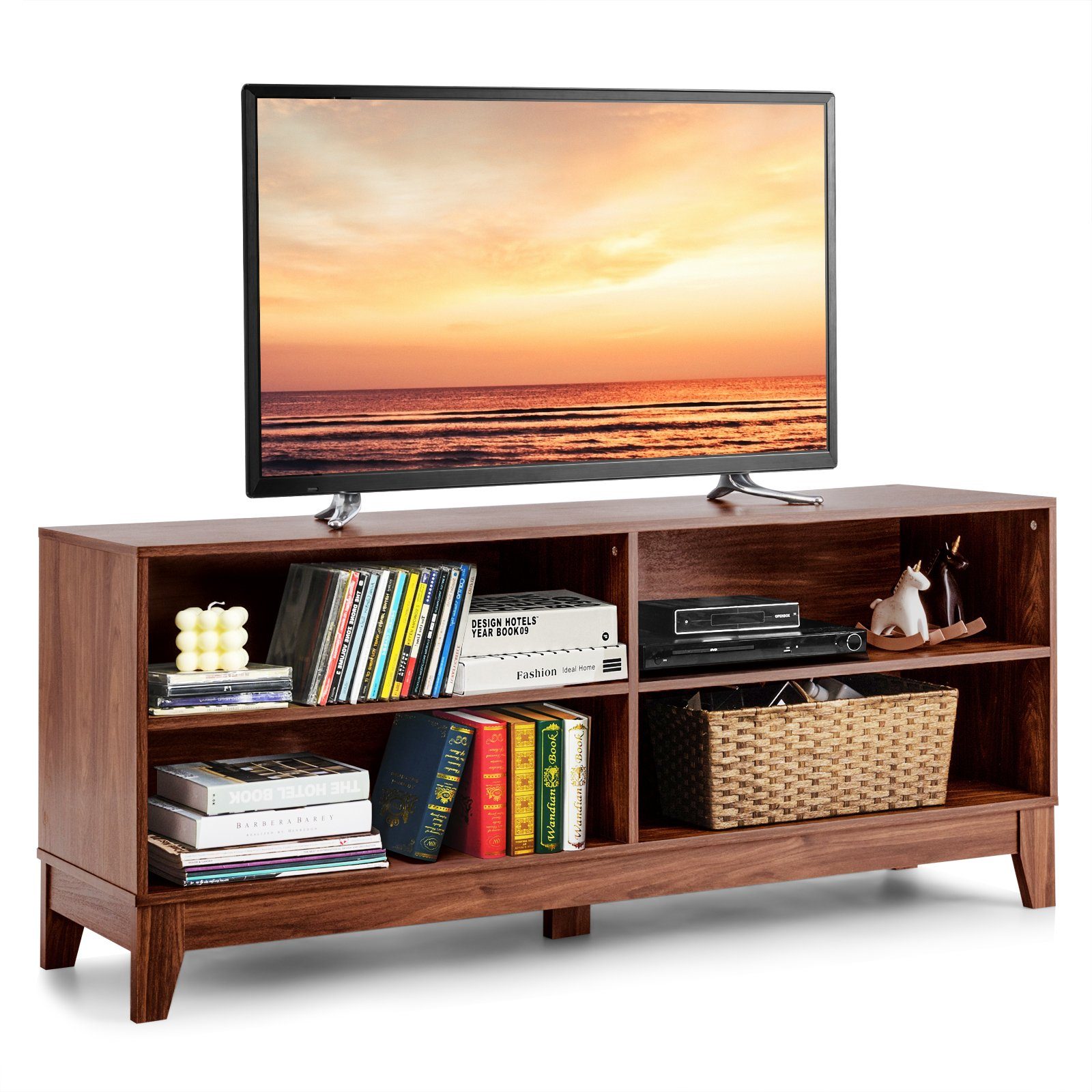 COSTWAY TV-Schrank Holz TV-Ständer mit Braun 147x40x61cm Regale