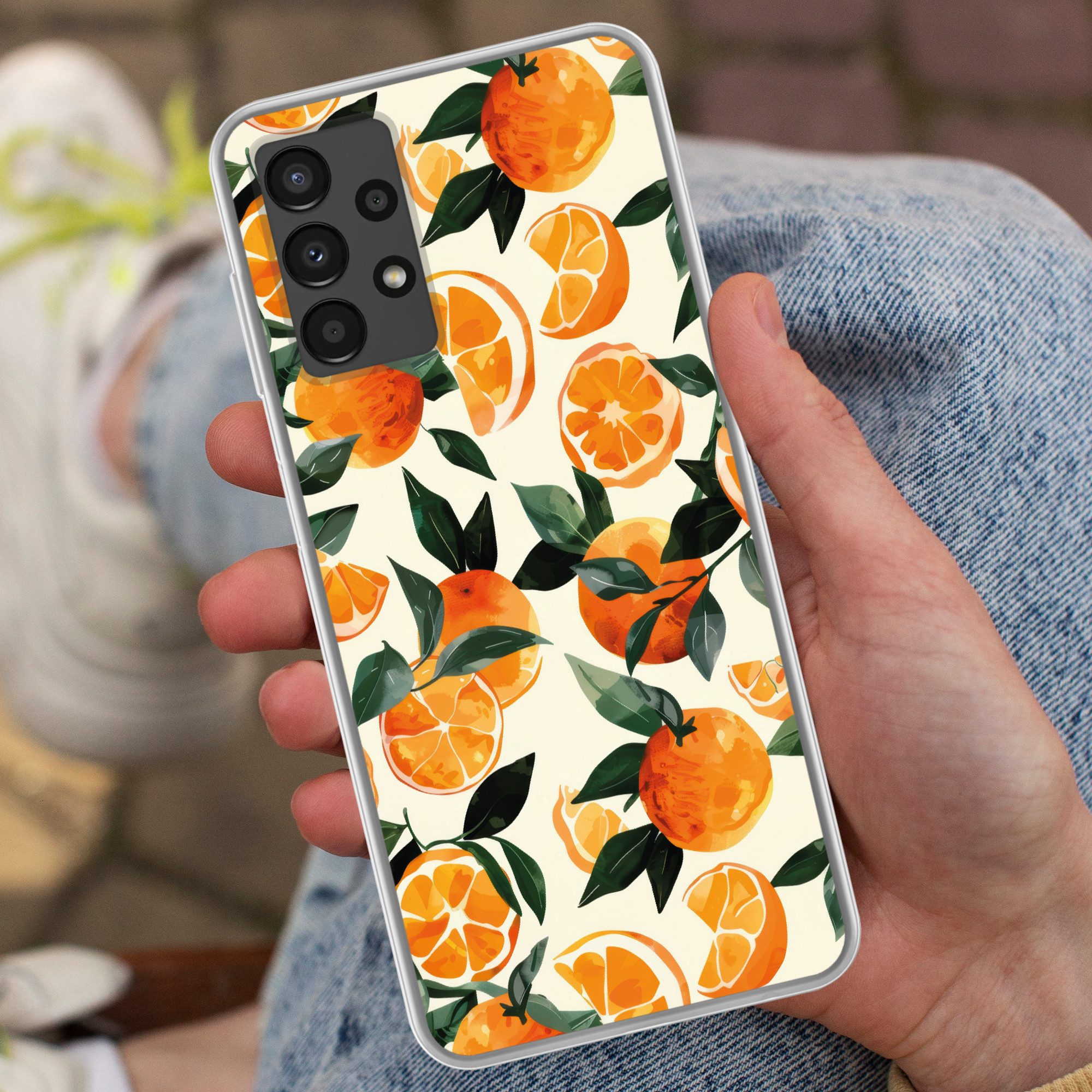 MuchoWow Handyhülle für Samsung Galaxy A13 4G Orangen - Früchte - Blätter - Orange - Grün, Smartphone-Bumper, Print, Handy Schutzhülle Dünn