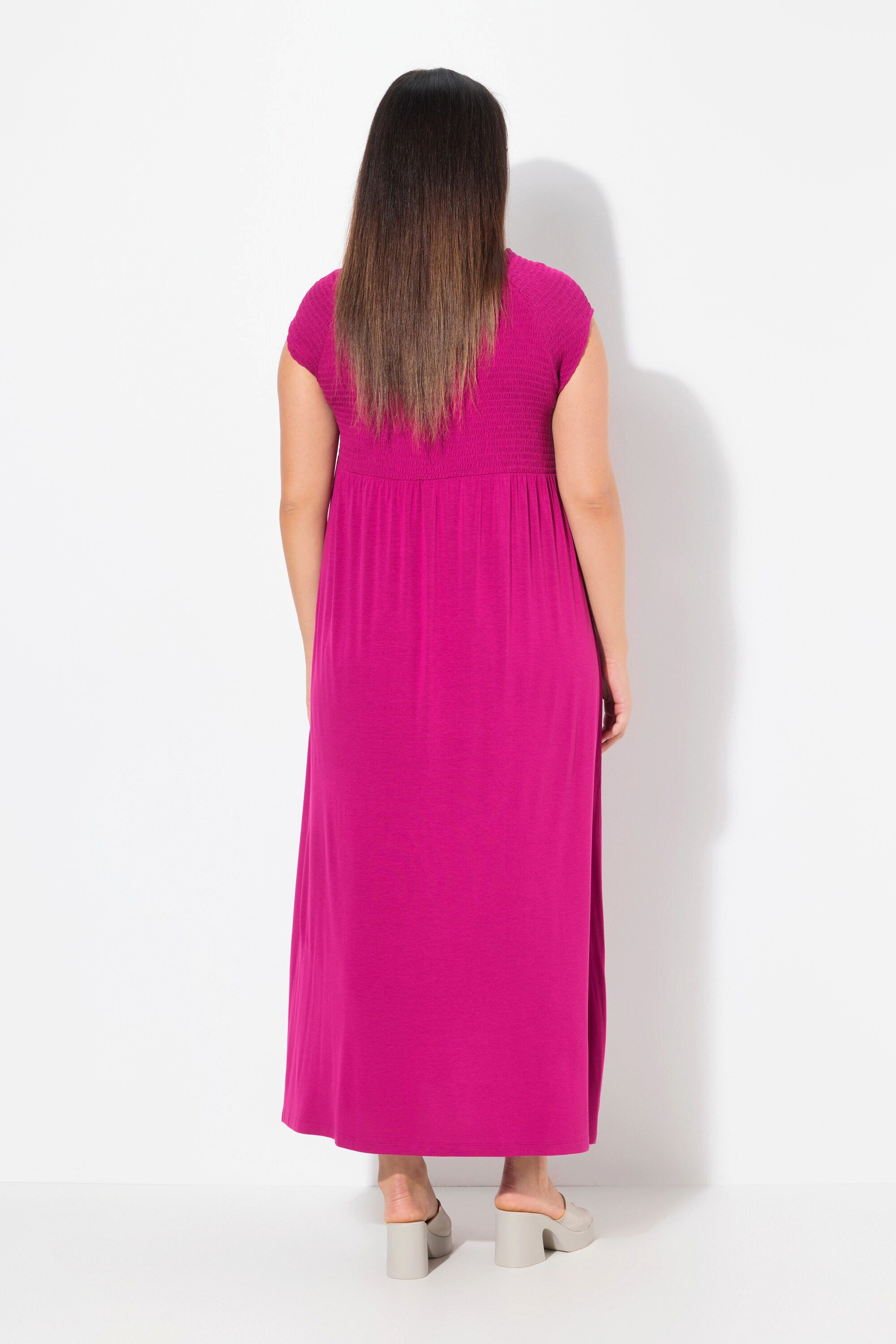 Ulla Popken Maxikleid Kleid A-Linie gesmokt Carré-Ausschnitt Halbarm