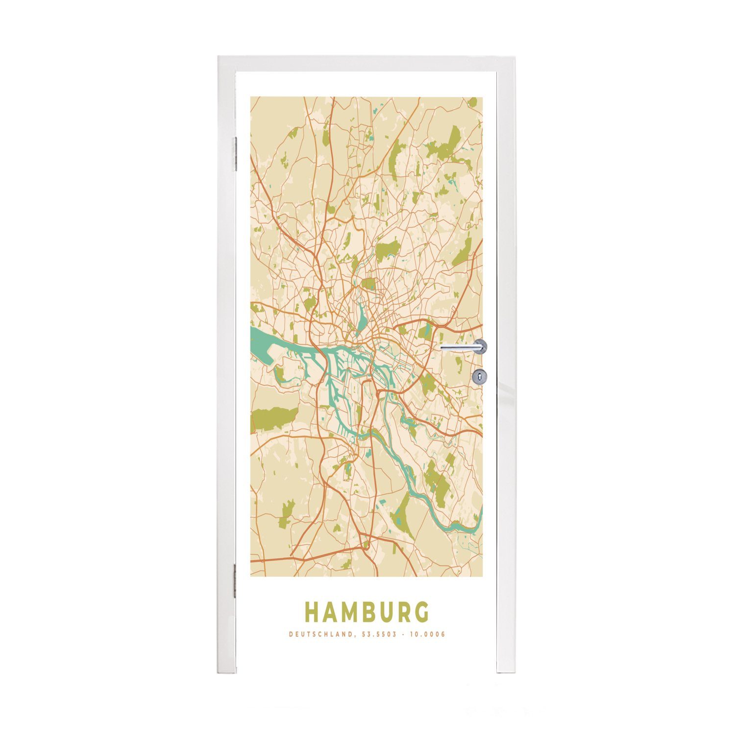 MuchoWow Türtapete Stadtplan - Hamburg - Karte - Vintage, Matt, bedruckt, (1 St), Fototapete für Tür, Türaufkleber, 75x205 cm