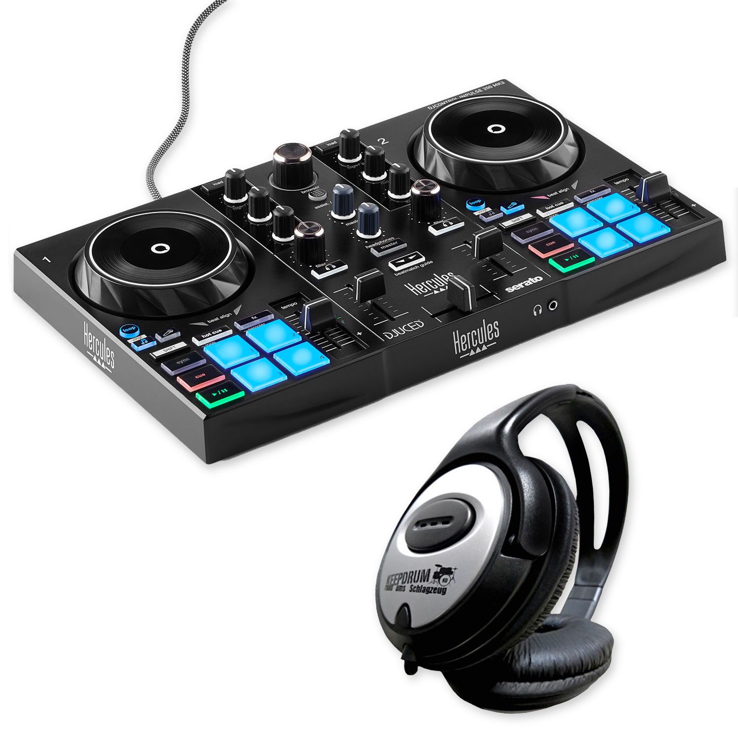 HERCULES DJ Controller Hercules DJ Control Inpulse 200 MK3 DJ-Controller mit Kopfhörer, (Vorteils-Set mit Kopfhörer, 1-tlg), Vorteils-Set mit Kopfhörer