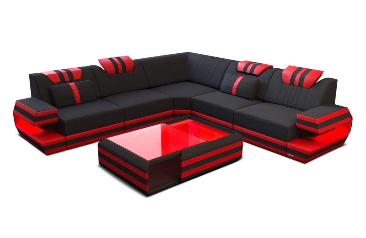 Design Polsterstoff Hocker schwarz-rot Dreams Sofa mit Ecksofa Ragusa M Couch Mikrofaser L Sofa Stoffsofa, wahlweise Form