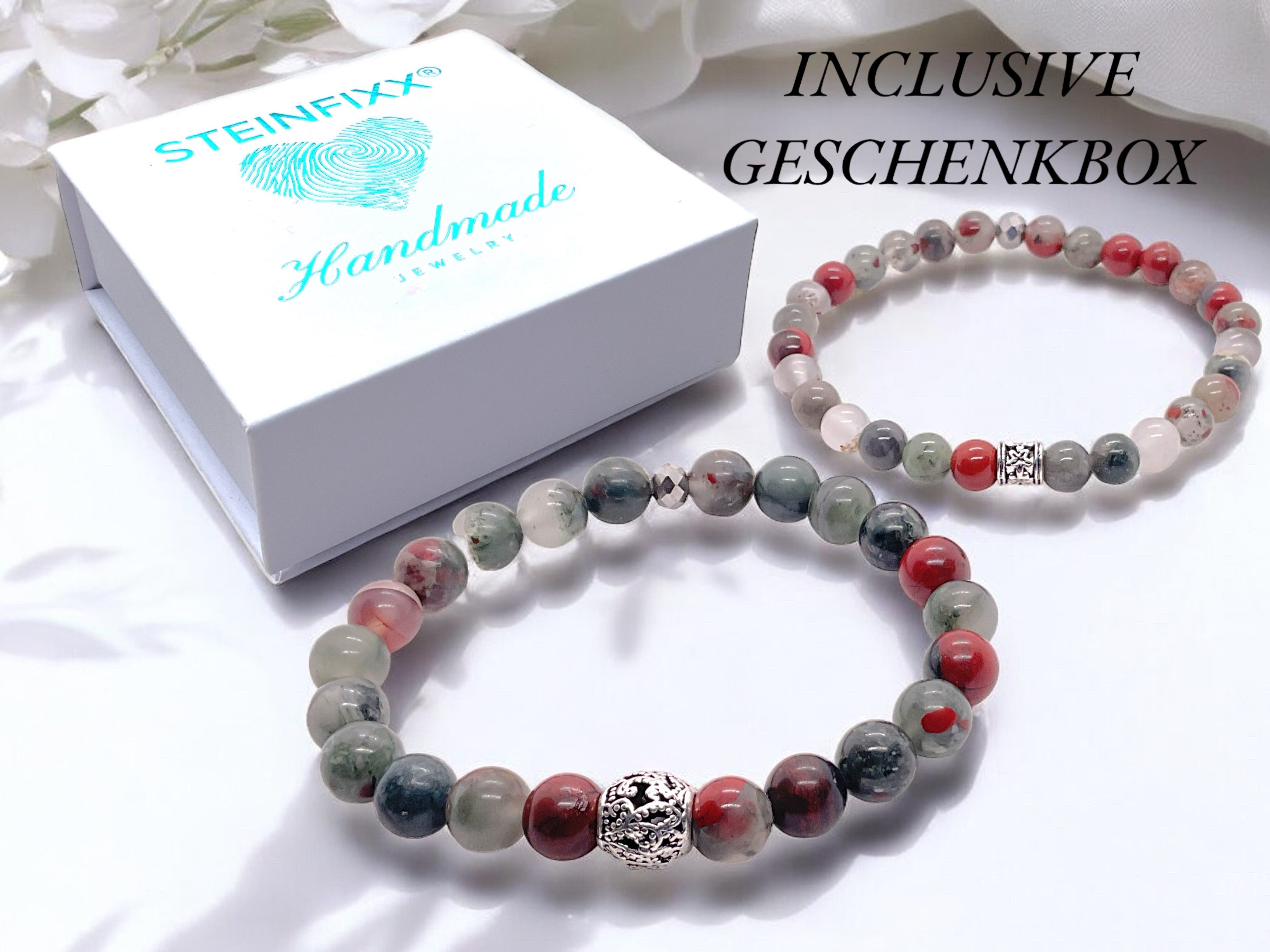 Steinfixx® Perlenarmband Edelsteinarmband afrikanischer Blutstein - Drachenblutstein (Handmade in Germany, 1-tlg., Vitalität und Heiterkeit, inclusive Geschenkbox), mit silberner Vintage Perle und platinierter facettierter Perle
