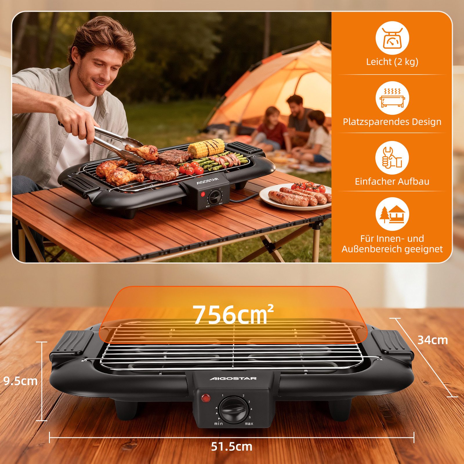 Aigostar Tischgrill Rauchfreier Tischgrill Barbecue Elektrogrill Elektrischer BBQ 2000 W, 2000 W