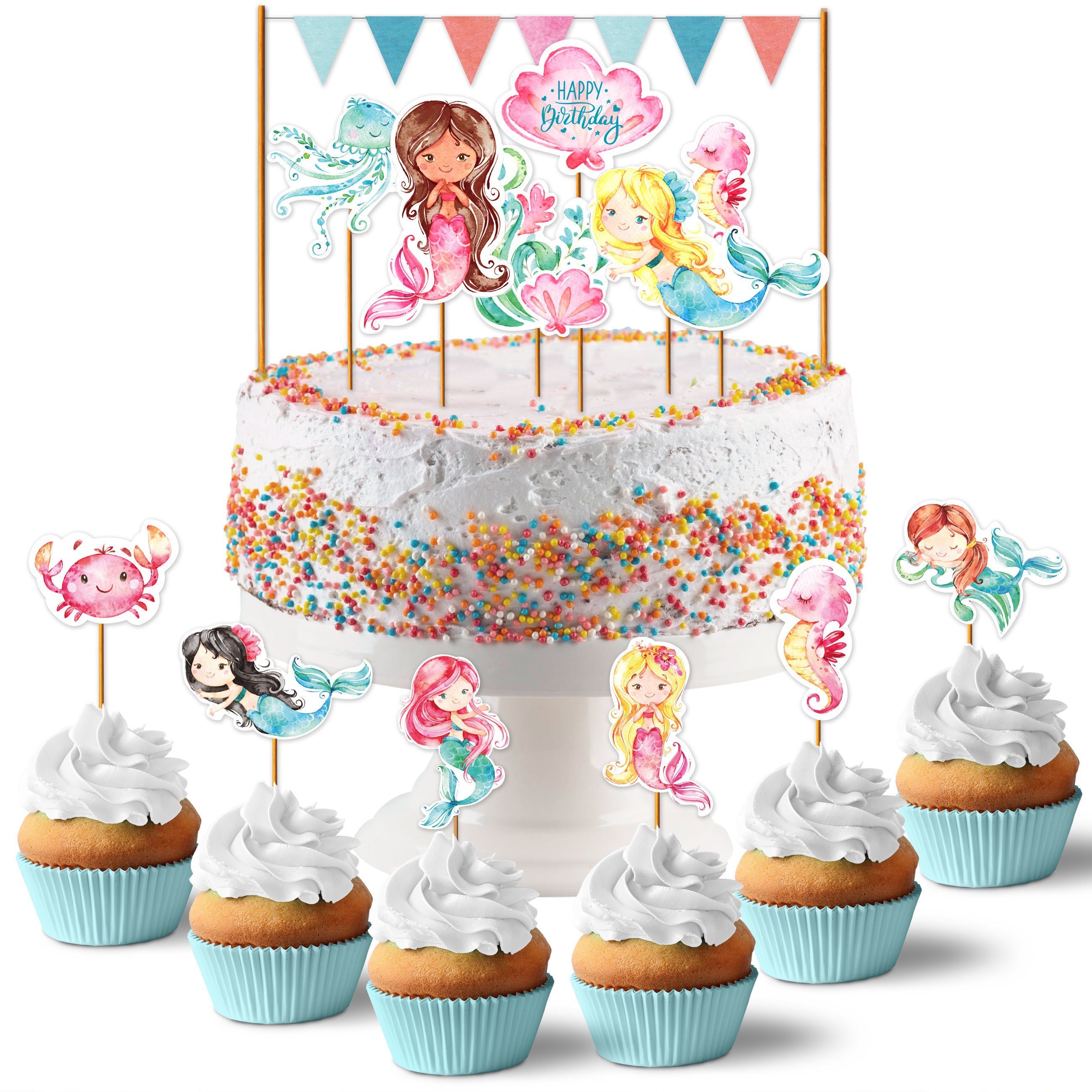 PAPIERDRACHEN Papierdekoration Cake Topper - Kuchendekoration- 19-teilig -in verschiedenen Designs, Kuchenstecker für den Kindergeburtstag