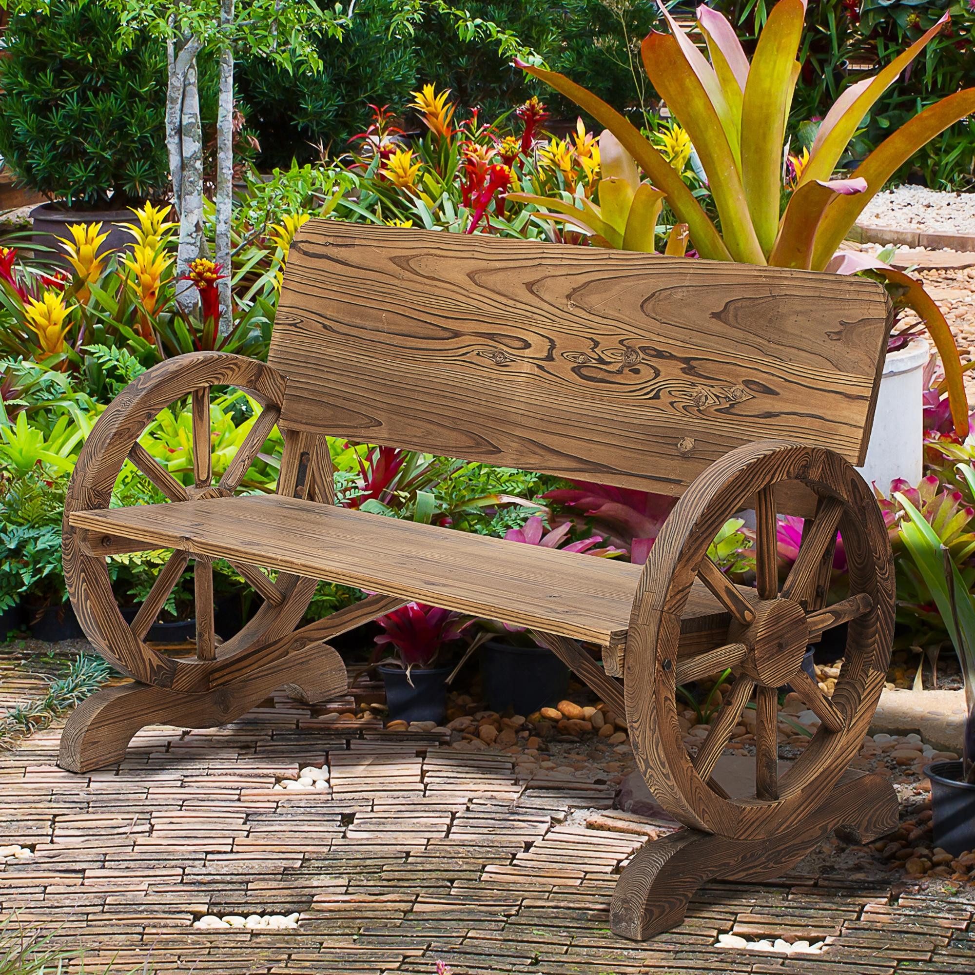Outsunny Gartenbank 2-Sitzer Gartenbank, mit Wagenräder-Design, 250kg belastbar (Gartenmöbel, 1-St., Sitzbank), Tannenholz, Braun, 114 x 58 x 80 cm